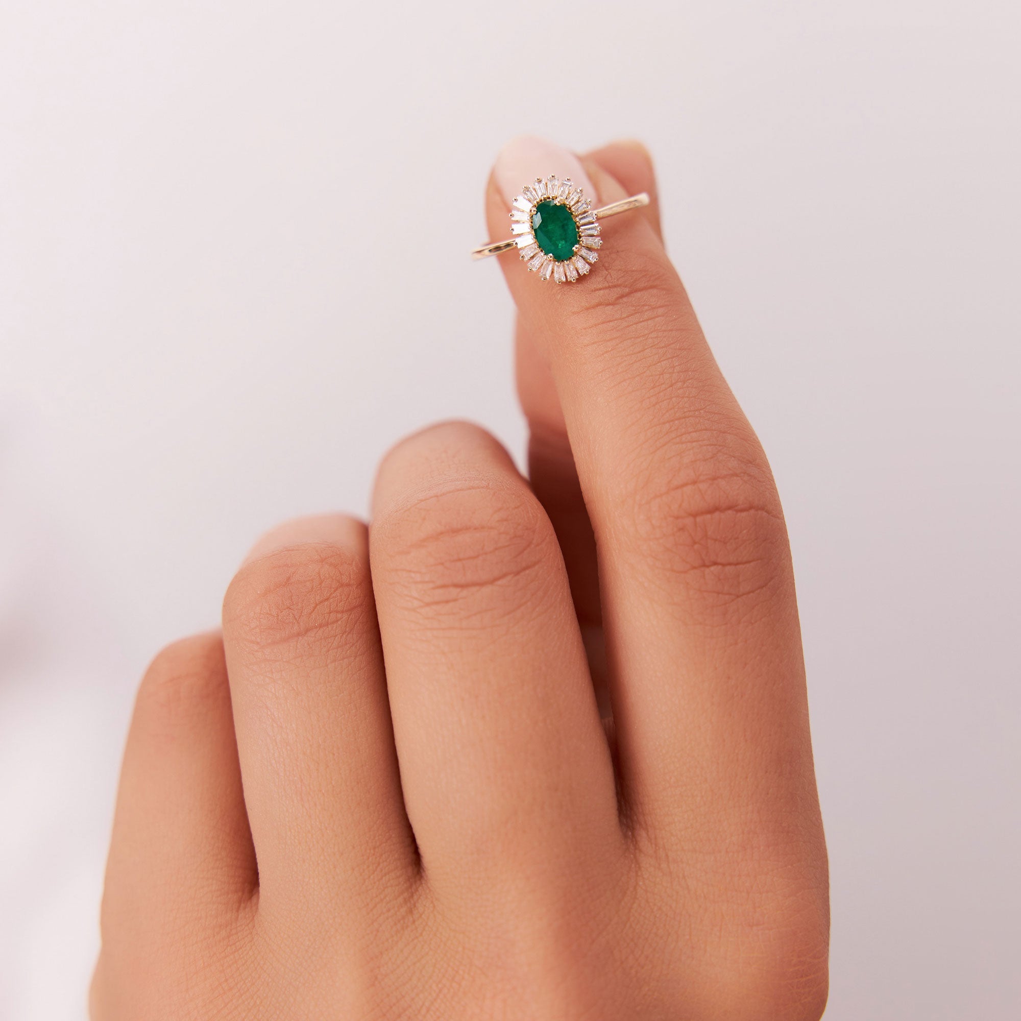 OBFJ1219 - 14k Baguette Diamond Ballerina Oval Emerald Ring 2