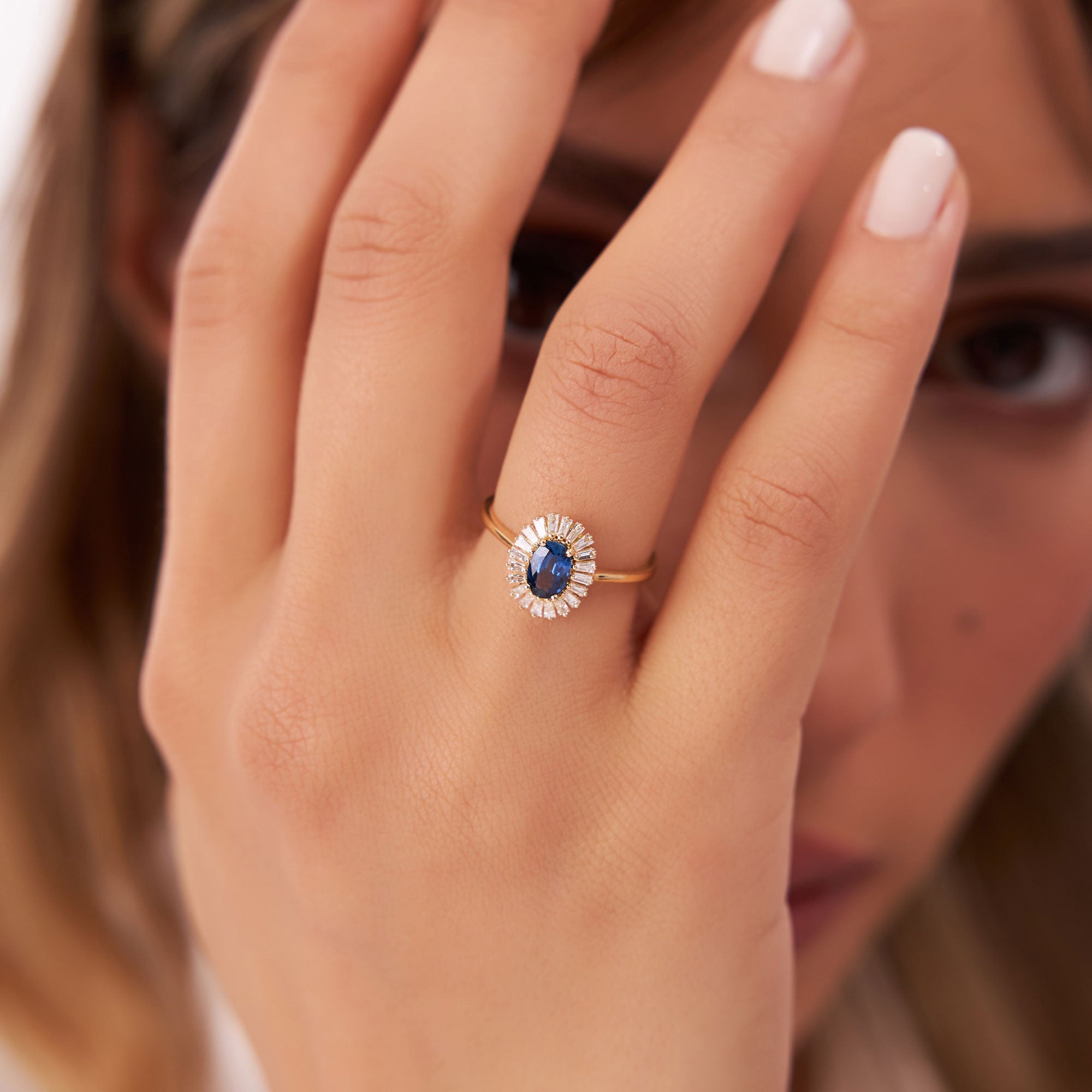 OBFJ1220 - 14k Baguette Diamond Ballerina Oval Sapphire Ring 2