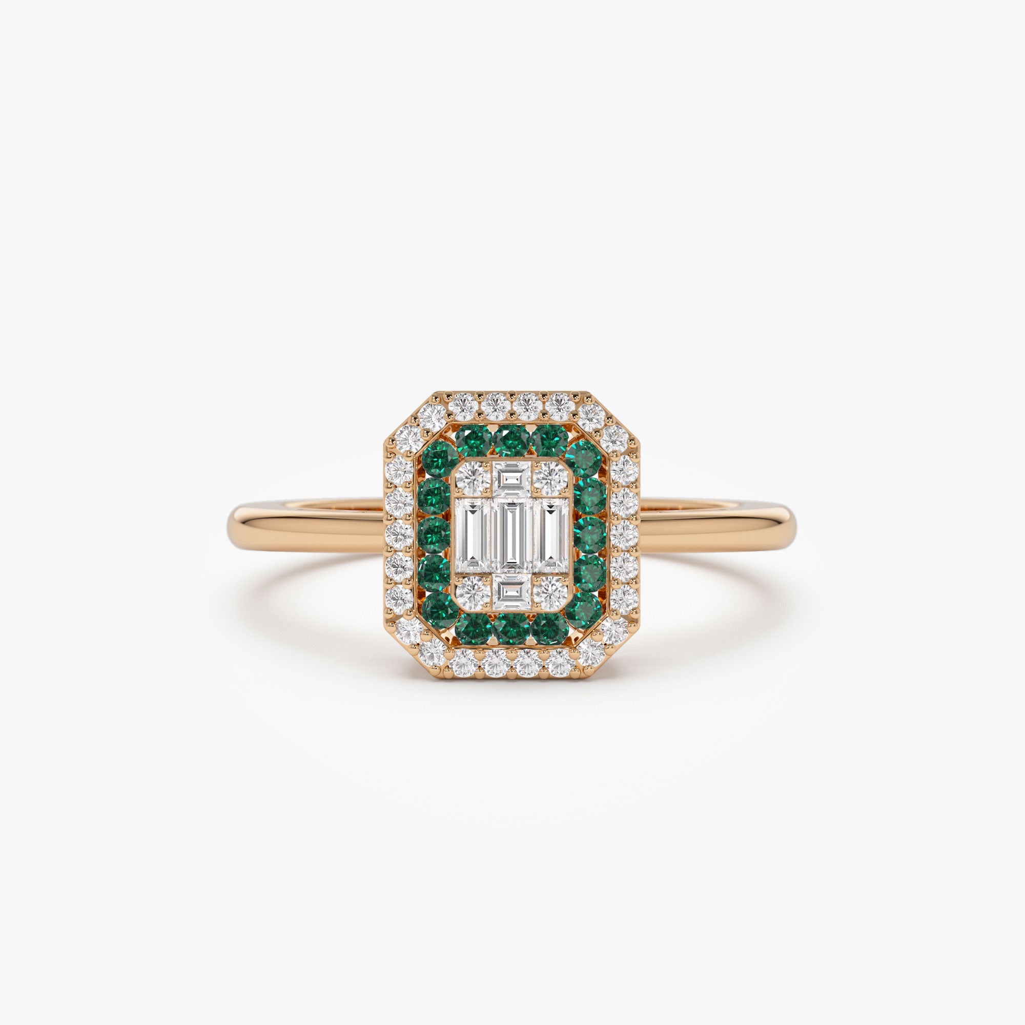 OBFJ1101 - 14k Baguette and Round Emerald Ring with Halo Setting 6