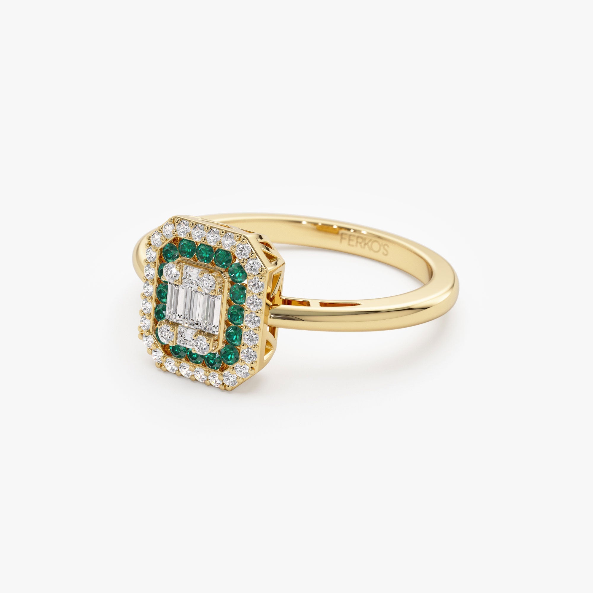 OBFJ1101 - 14k Baguette and Round Emerald Ring with Halo Setting 8