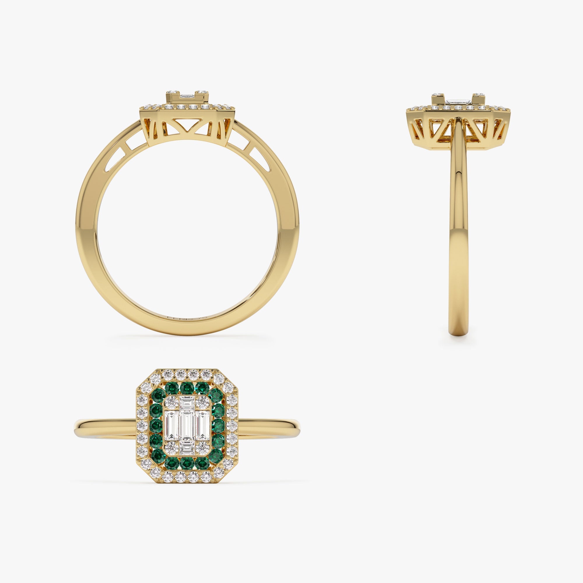 OBFJ1101 - 14k Baguette and Round Emerald Ring with Halo Setting 9