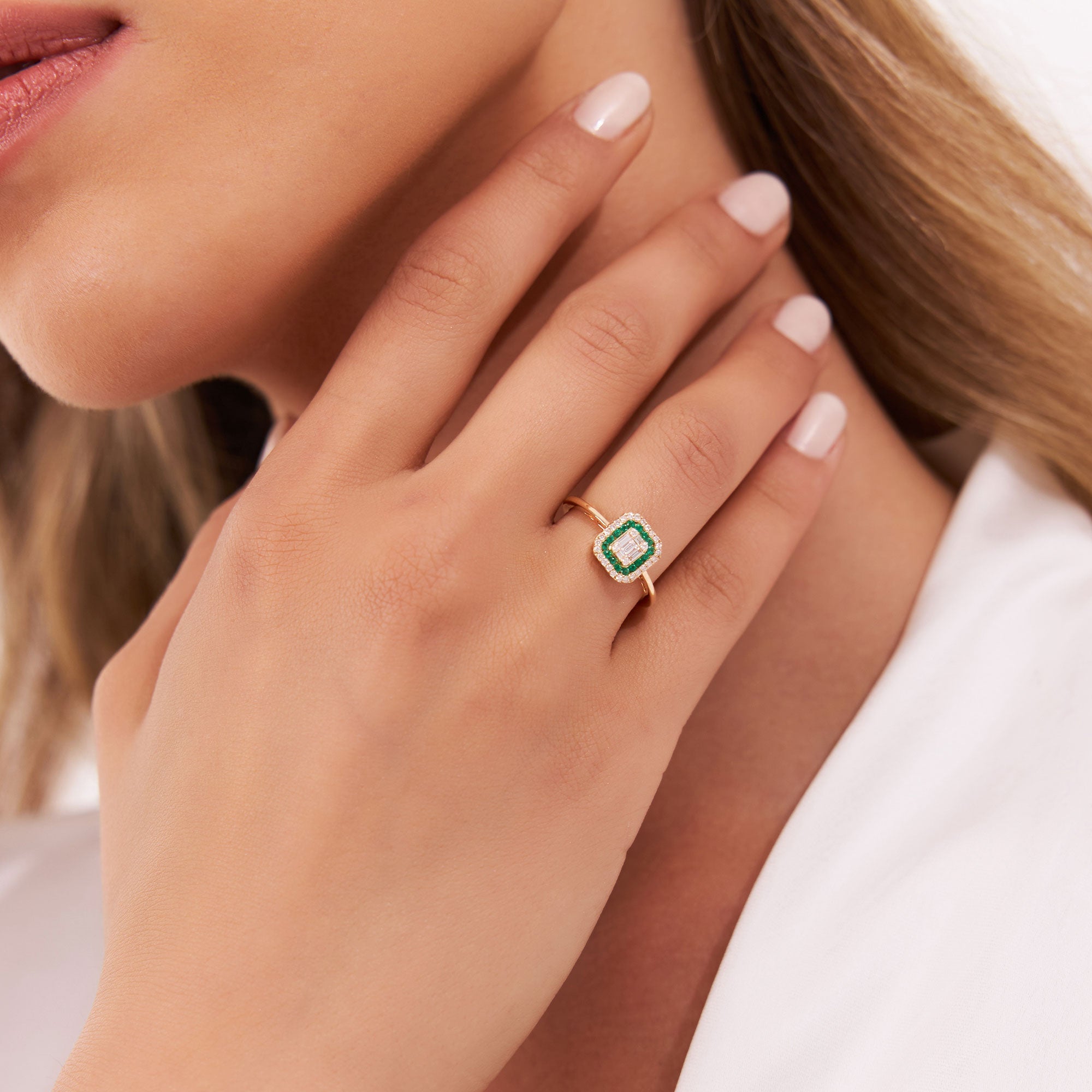 OBFJ1101 - 14k Baguette and Round Emerald Ring with Halo Setting 3