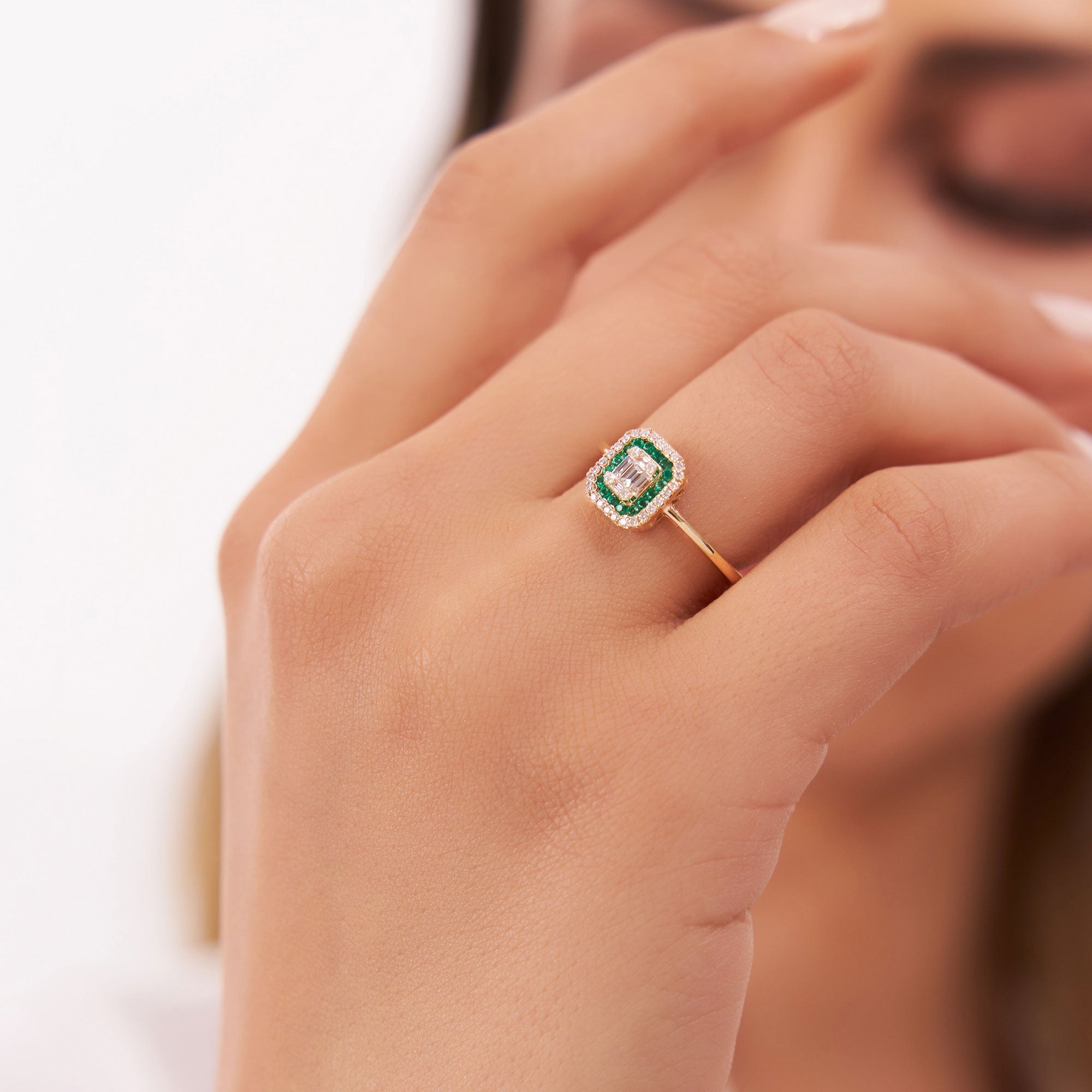 OBFJ1101 - 14k Baguette and Round Emerald Ring with Halo Setting 2