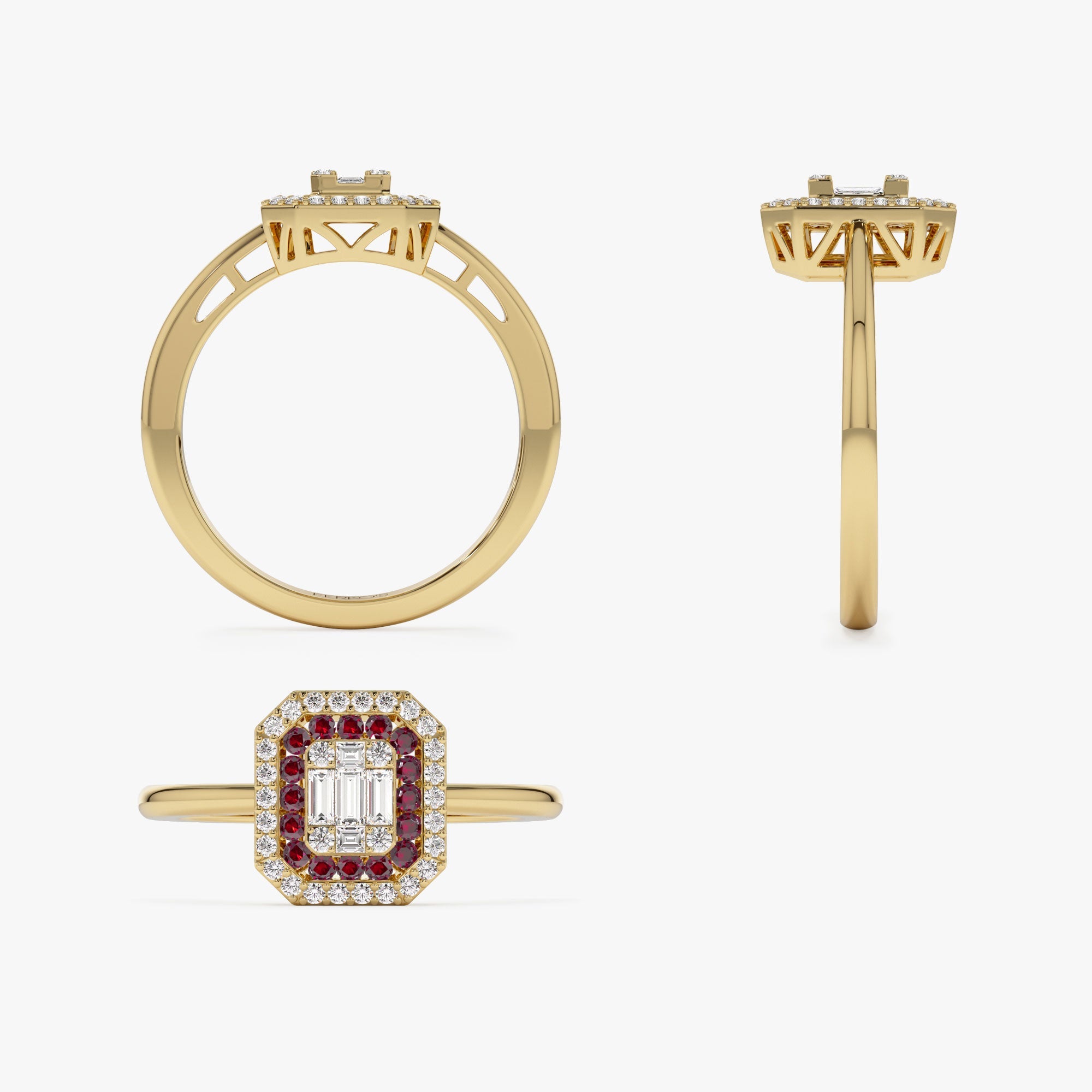 OBFJ1100 - 14k Baguette and Round Ruby Ring with Halo Setting 9