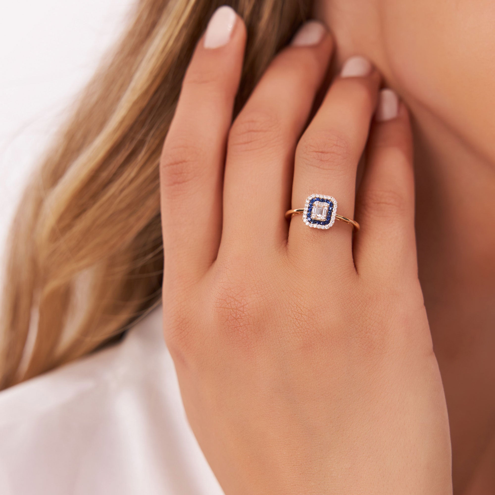 OBFJ1099 - 14k Baguette and Round Sapphire Ring with Halo Setting 4