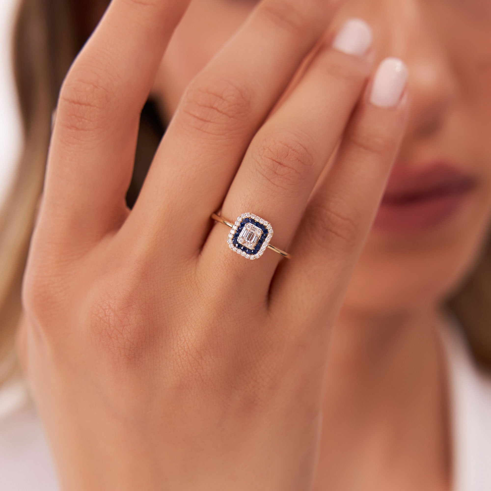 OBFJ1099 - 14k Baguette and Round Sapphire Ring with Halo Setting 2