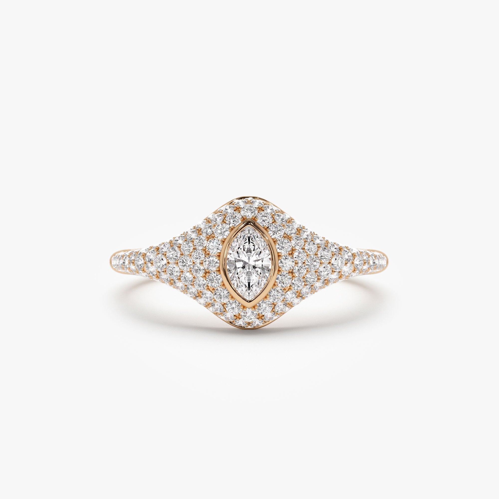OBFJ1187 - 14K Pave Setting Marquise Shaped Diamond Signet Ring 4