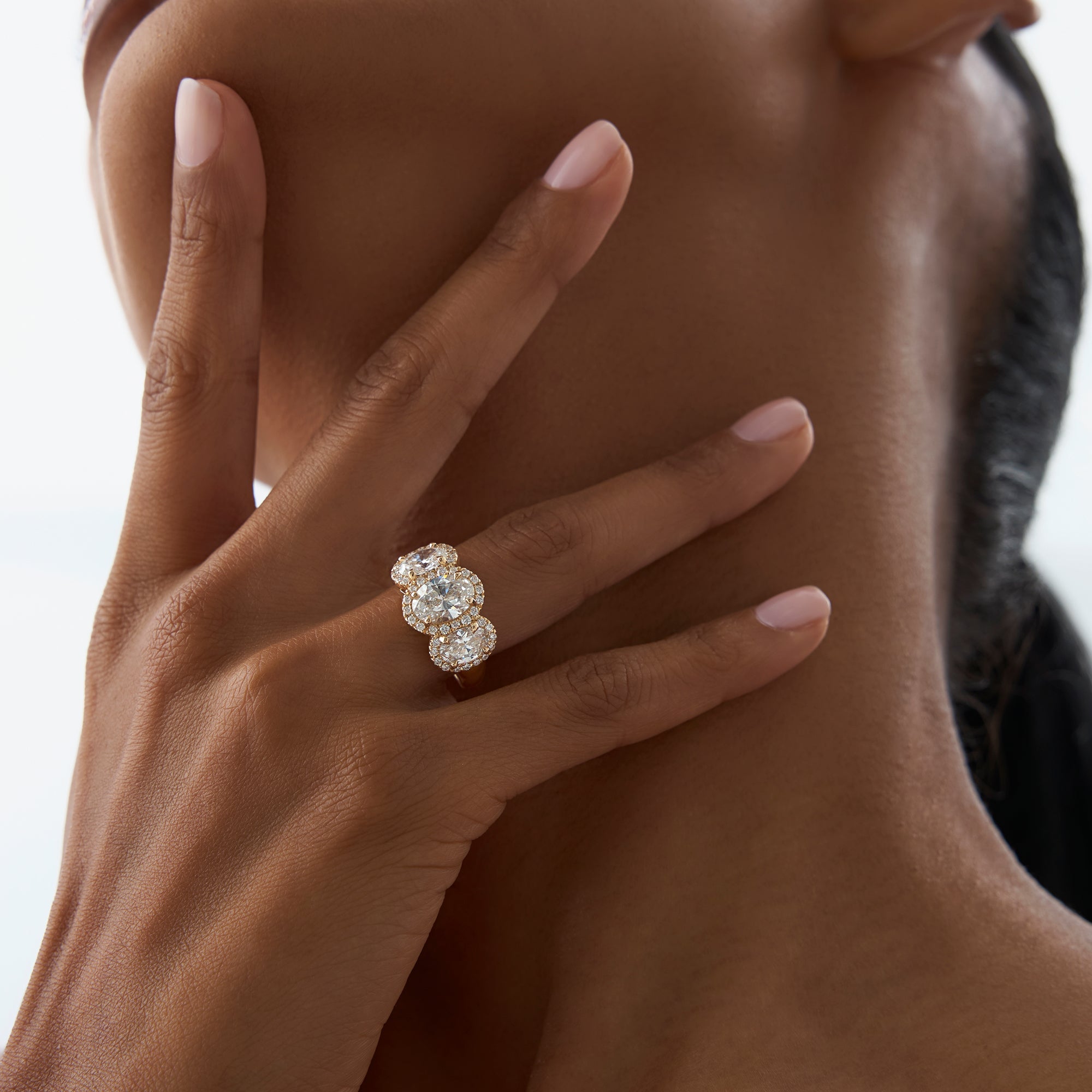 OBFJ0986 - 3.35 ctw Three Stone Halo Oval Lab Grown Engagement Ring - Ashley 7