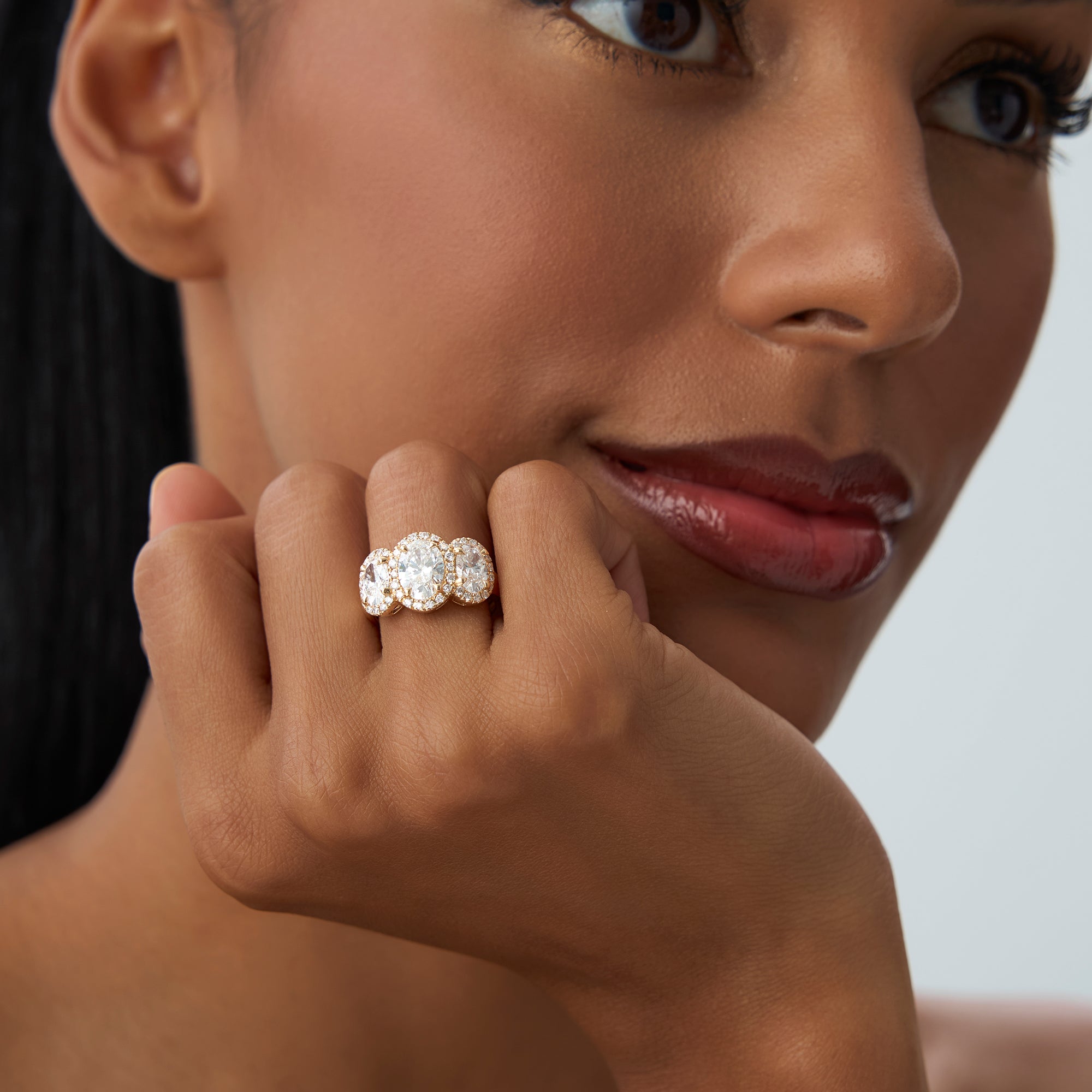 OBFJ0986 - 3.35 ctw Three Stone Halo Oval Lab Grown Engagement Ring - Ashley 2