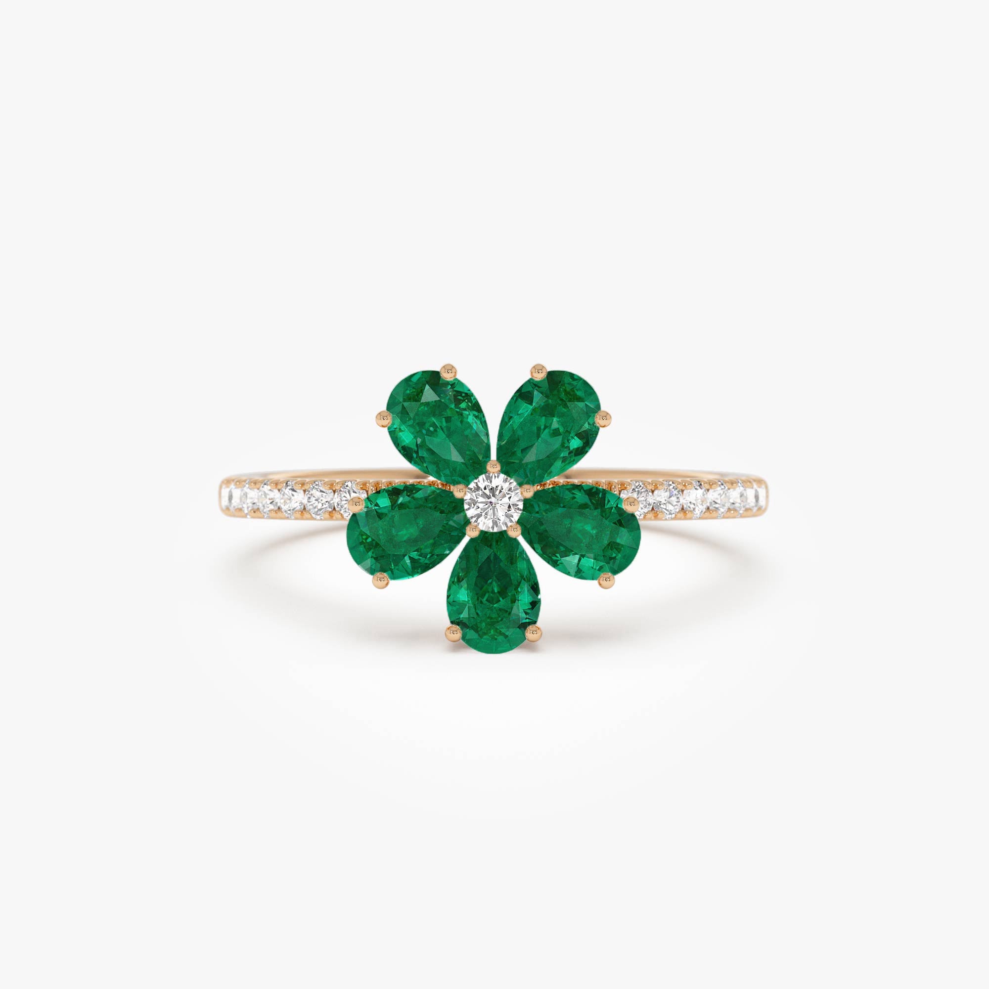 OBFJ0886 - 14K Five-Leaf Emerald and Diamond Ring 6