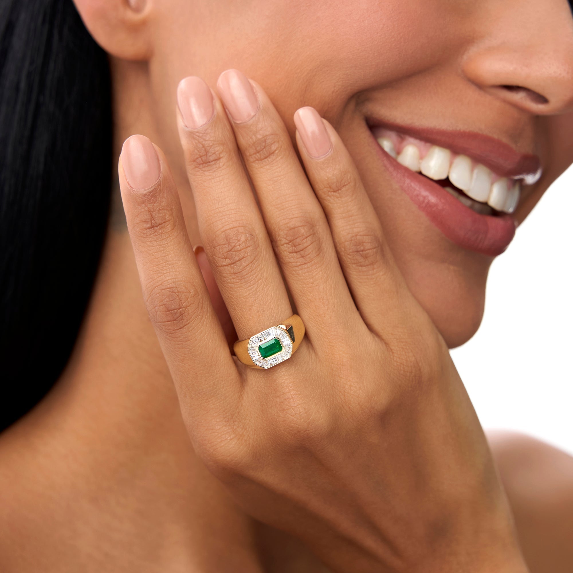 OBFJ0899 - 14k Octagon Shape Baguette Diamond Emerald Ring 2