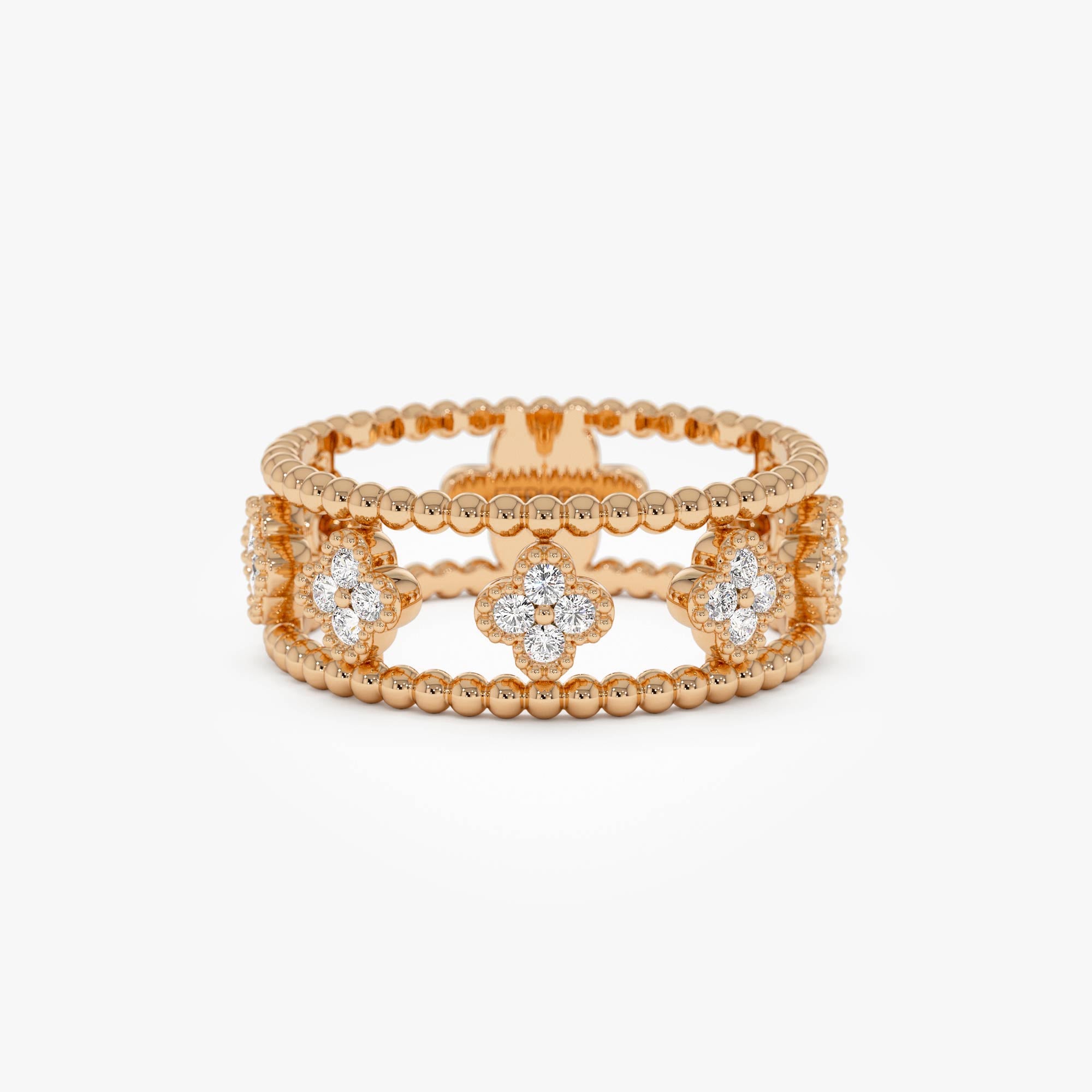 OBFJ0896 - 14k Double Band Diamond Clover Ring 7