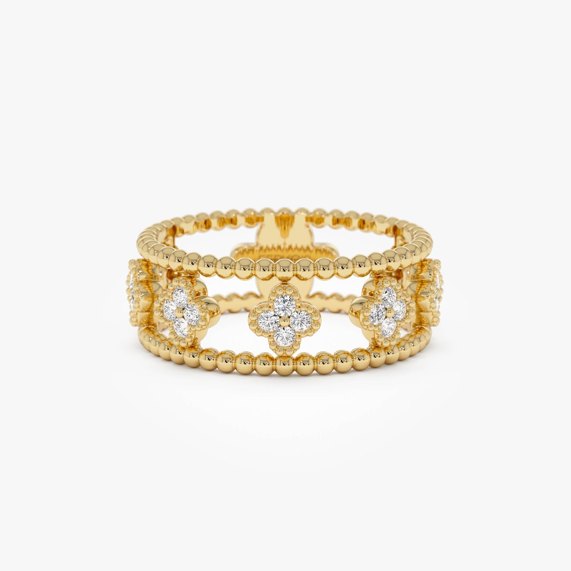 OBFJ0896 - 14k Double Band Diamond Clover Ring 1