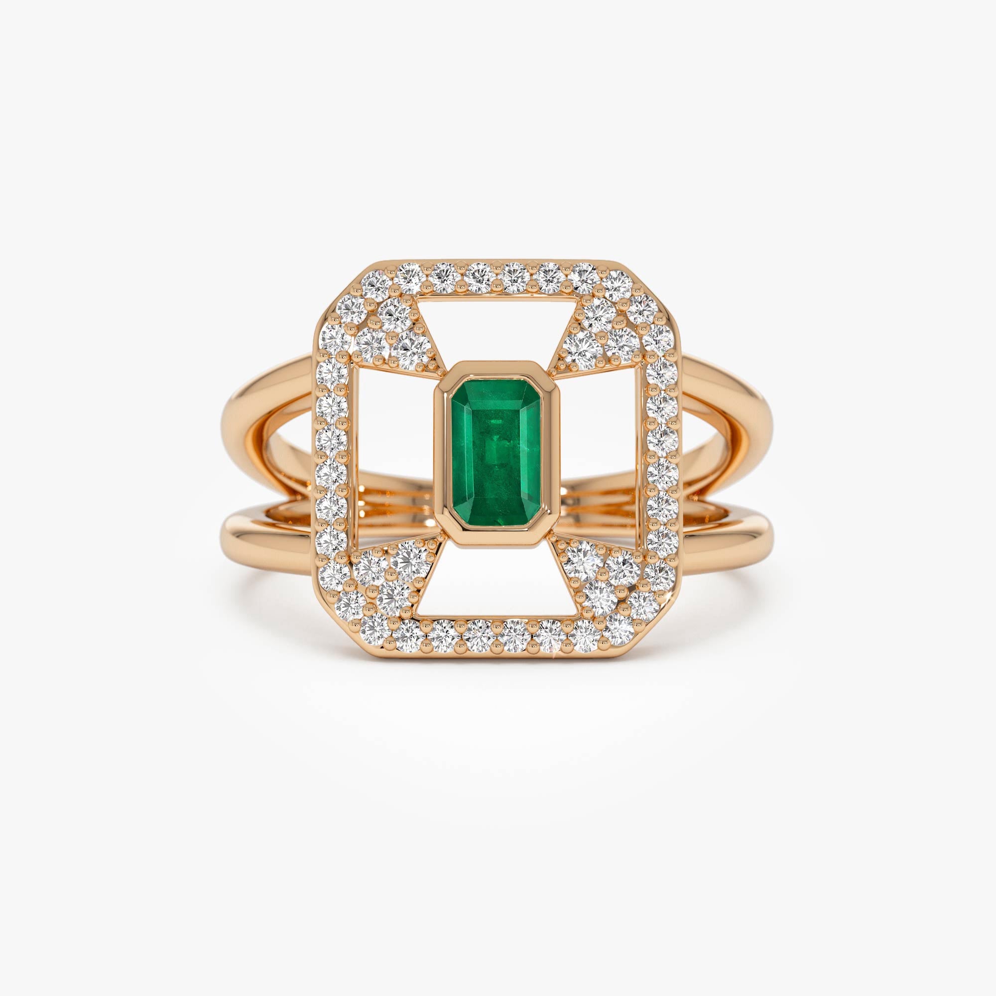 OBFJ0757 - 14k Art Deco Design Emerald Halo Ring 3