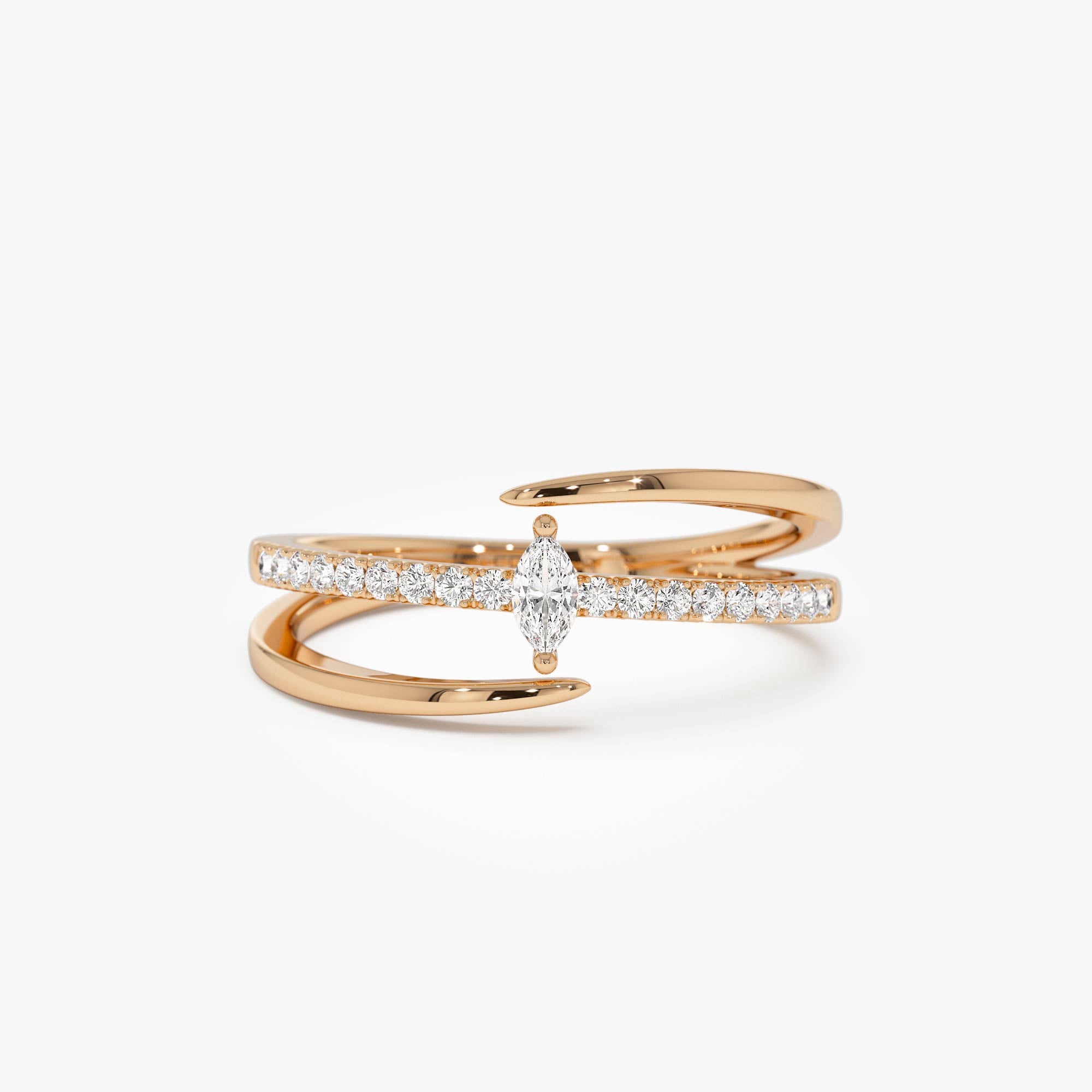 OBFJ0868 - 14K Double Band Marquise Diamond Ring with Pavé Accents 6