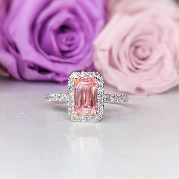 Fancy Pink Emerald Cut Halo Side Stone Diamond Engagement Ring - LGR044