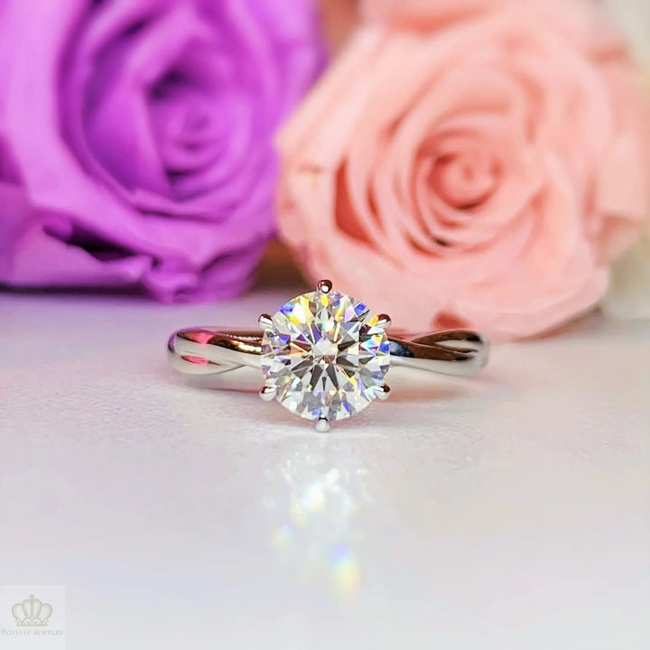 SIX Prong Twist Solitaire Diamond Engagement Ring [Setting Only] - KNT17 With 1.5 Carat Round Shape Lab Diamond Roselle Jewelry