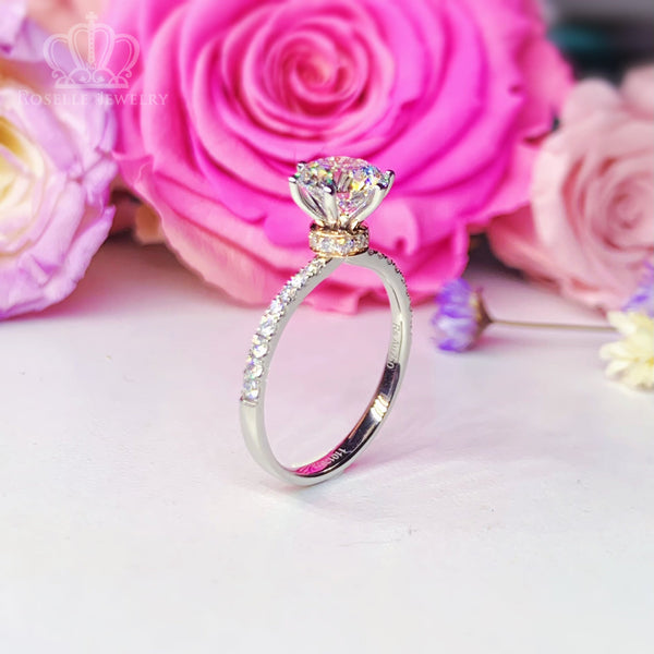 Custom Order Floral Two Tone Diamond Side Stone Engagement Ring [Setting Only] - EC102 With 1.71 Carat Round Shape Lab Diamond