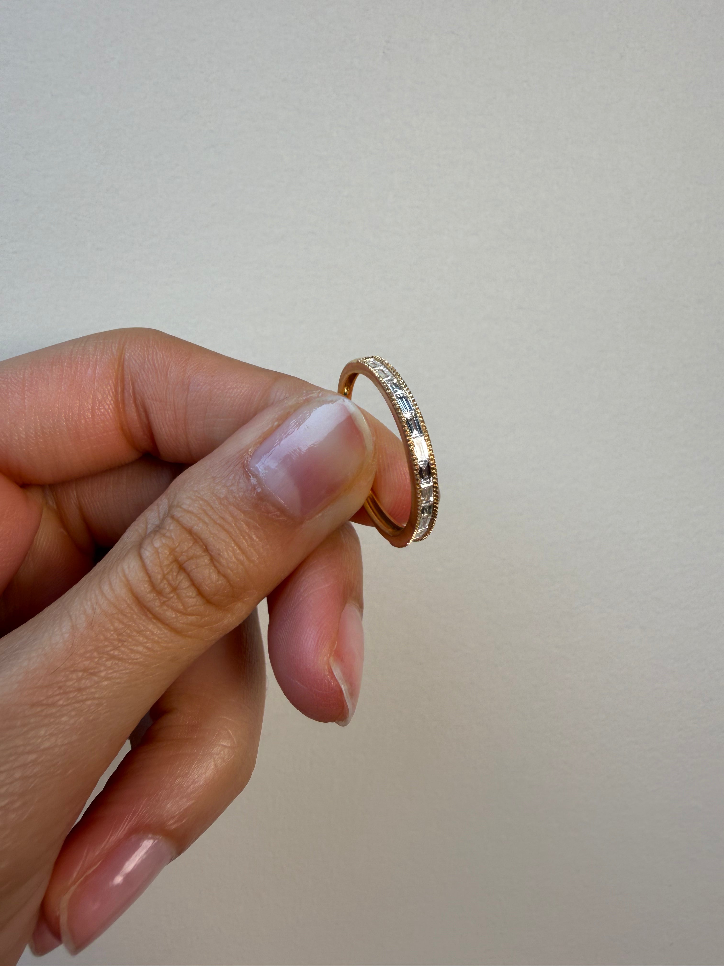 OBFJ0084 - 14K Gold Channel Set Baguette Milgrain Edge Wedding Band 4