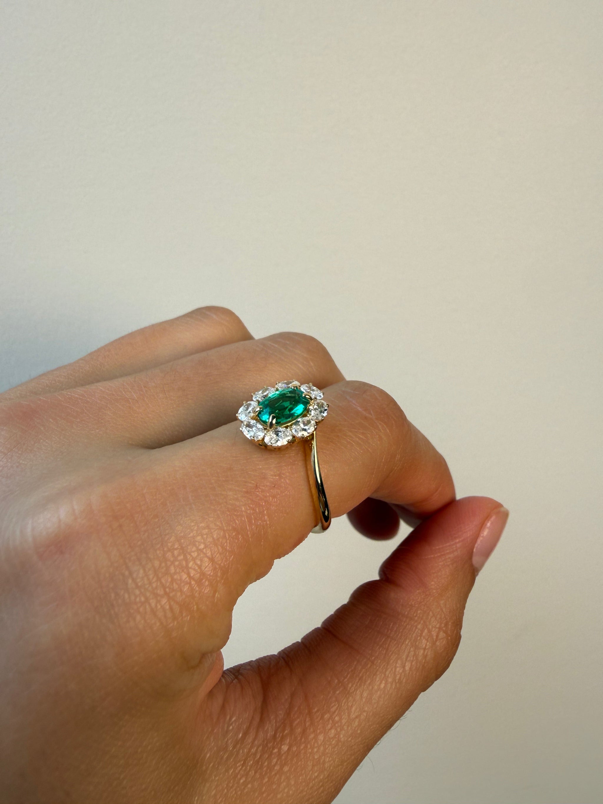 OBFJ0083 - 14K Gold Lab Grown Oval Halo Emerald Engagement Ring 3