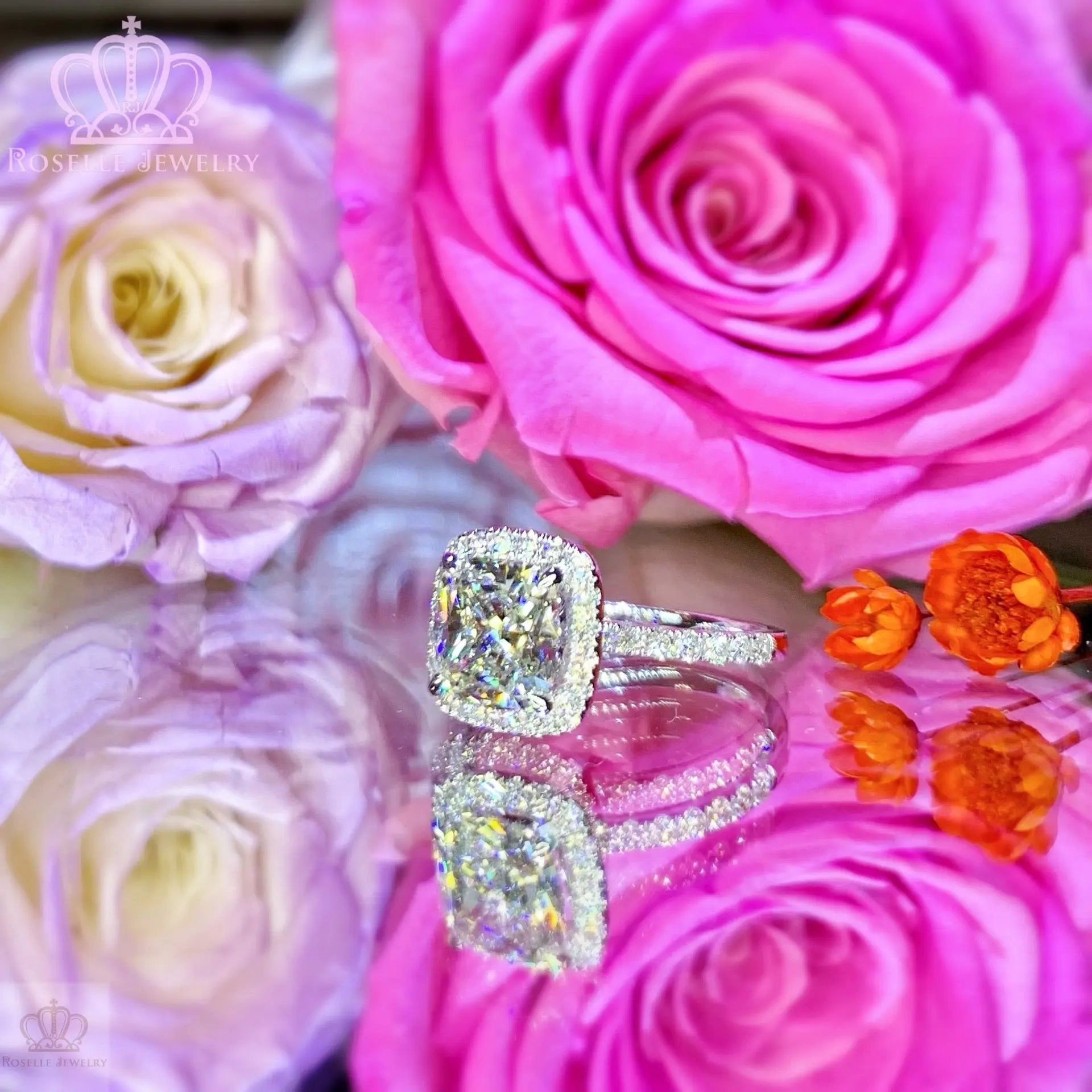 Custom Halo Cushion Cut Side Stone Diamond Engagement Ring [Setting Only] - EC098 - Roselle Jewelry