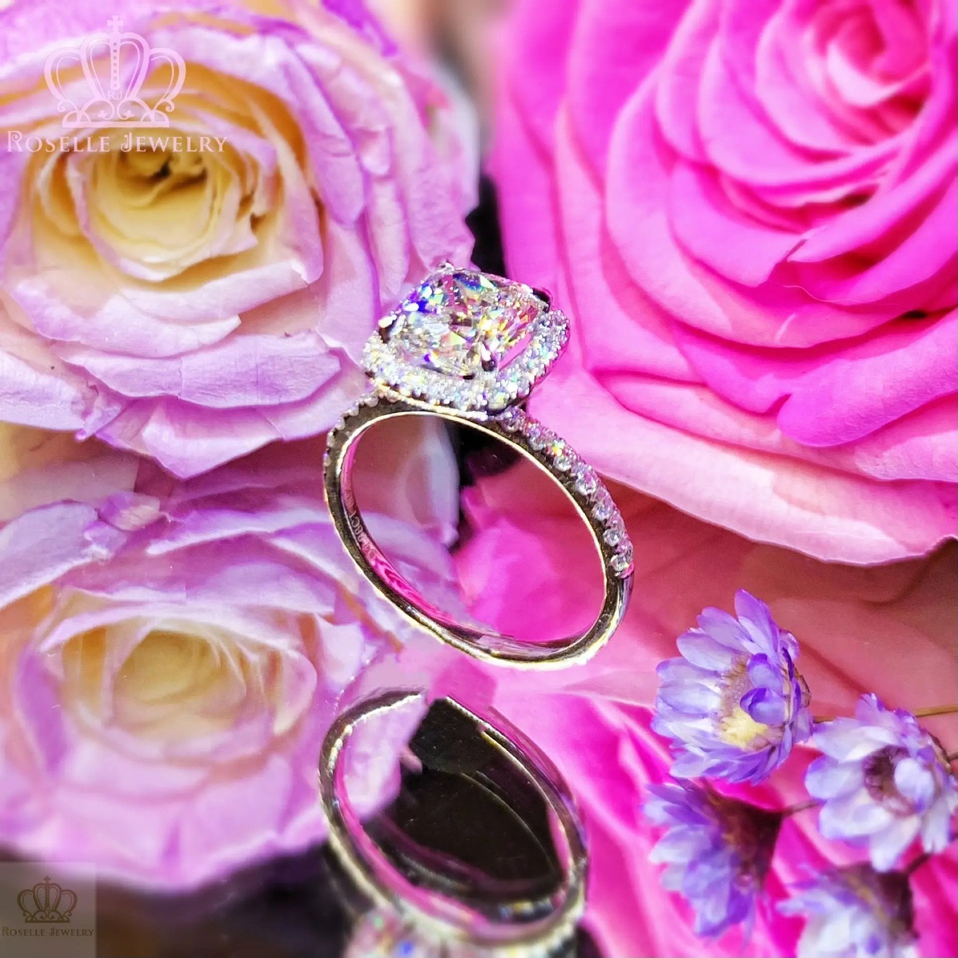 Custom Halo Cushion Cut Side Stone Diamond Engagement Ring [Setting Only] - EC098 - Roselle Jewelry