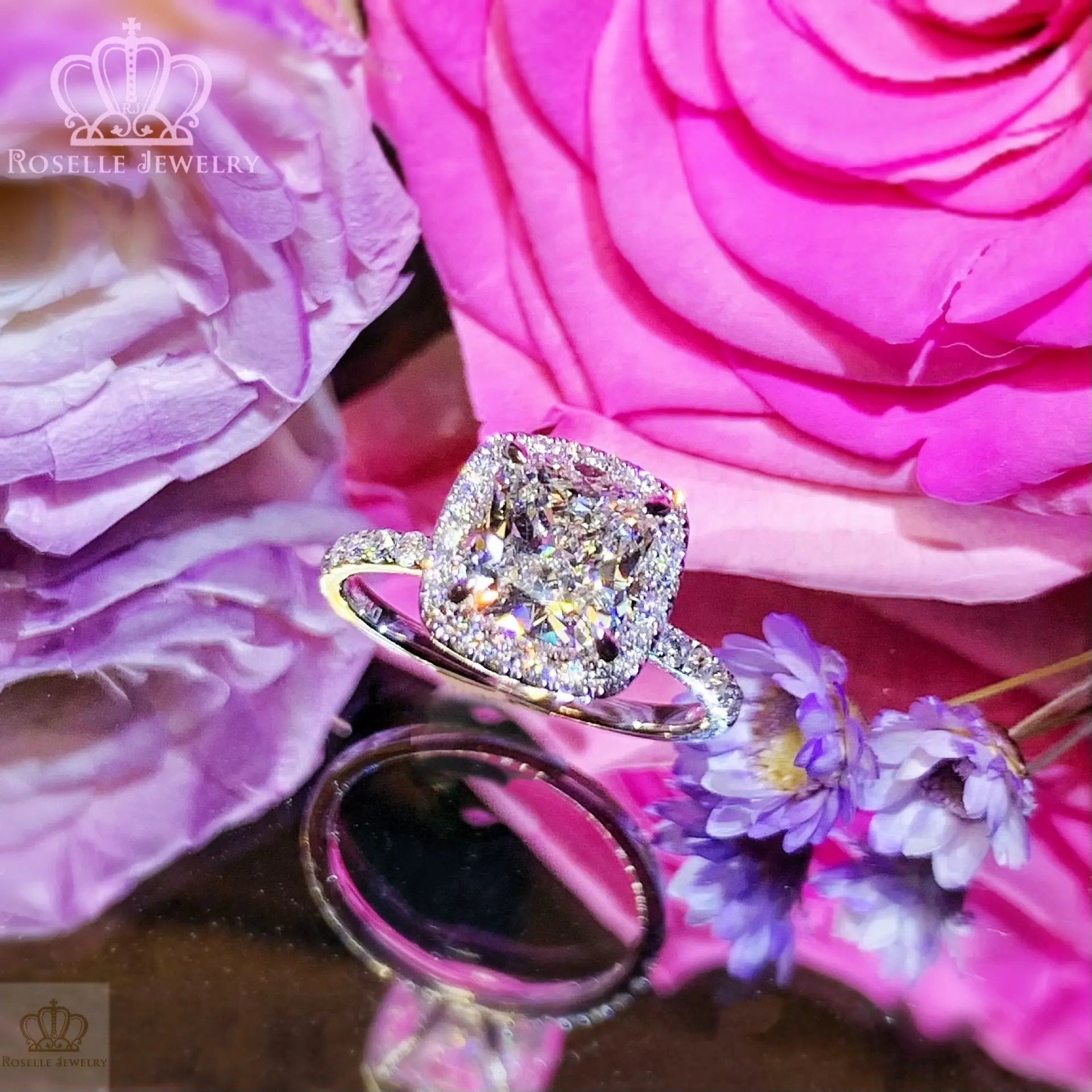 Custom Halo Cushion Cut Side Stone Diamond Engagement Ring [Setting Only] - EC098 - Roselle Jewelry