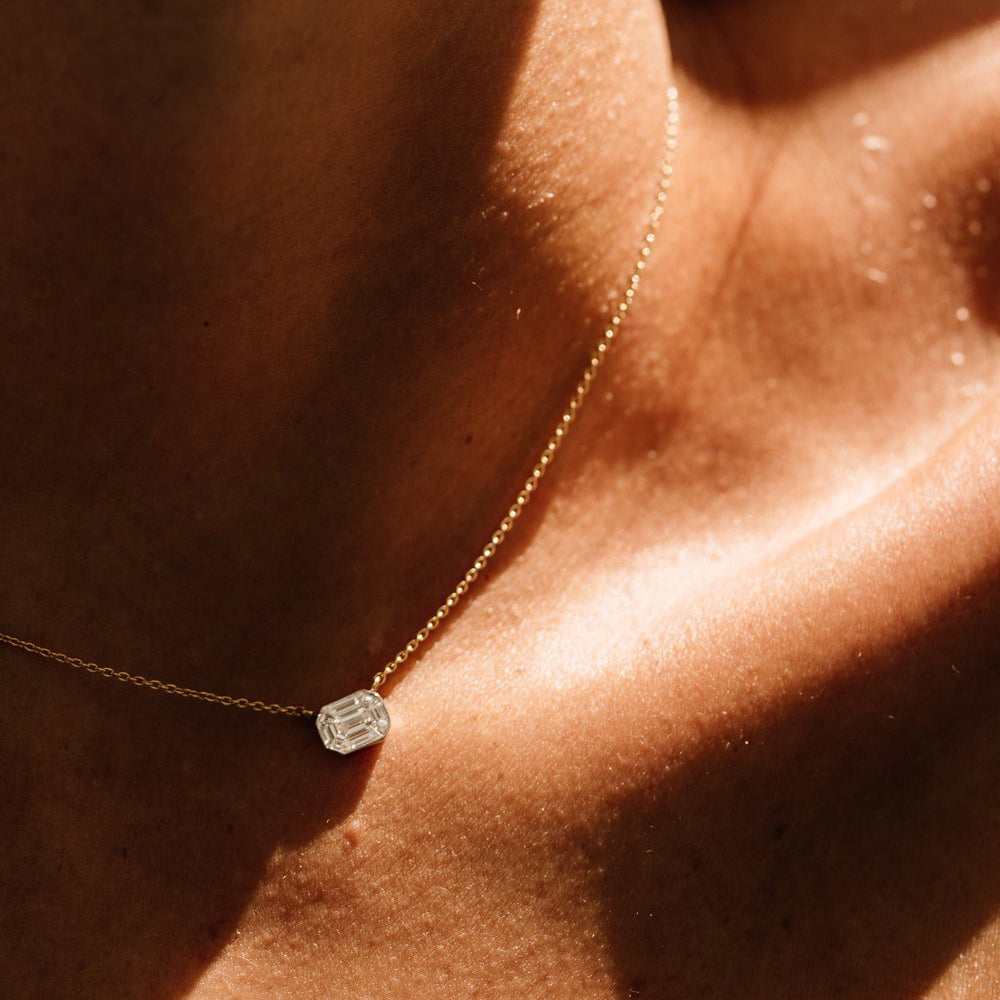 OBFJ1973 - Illusion Setting Step Cut Mosaic Diamond Necklace necklace in selectable metal and diamond options - Roselle Jewelry view 3