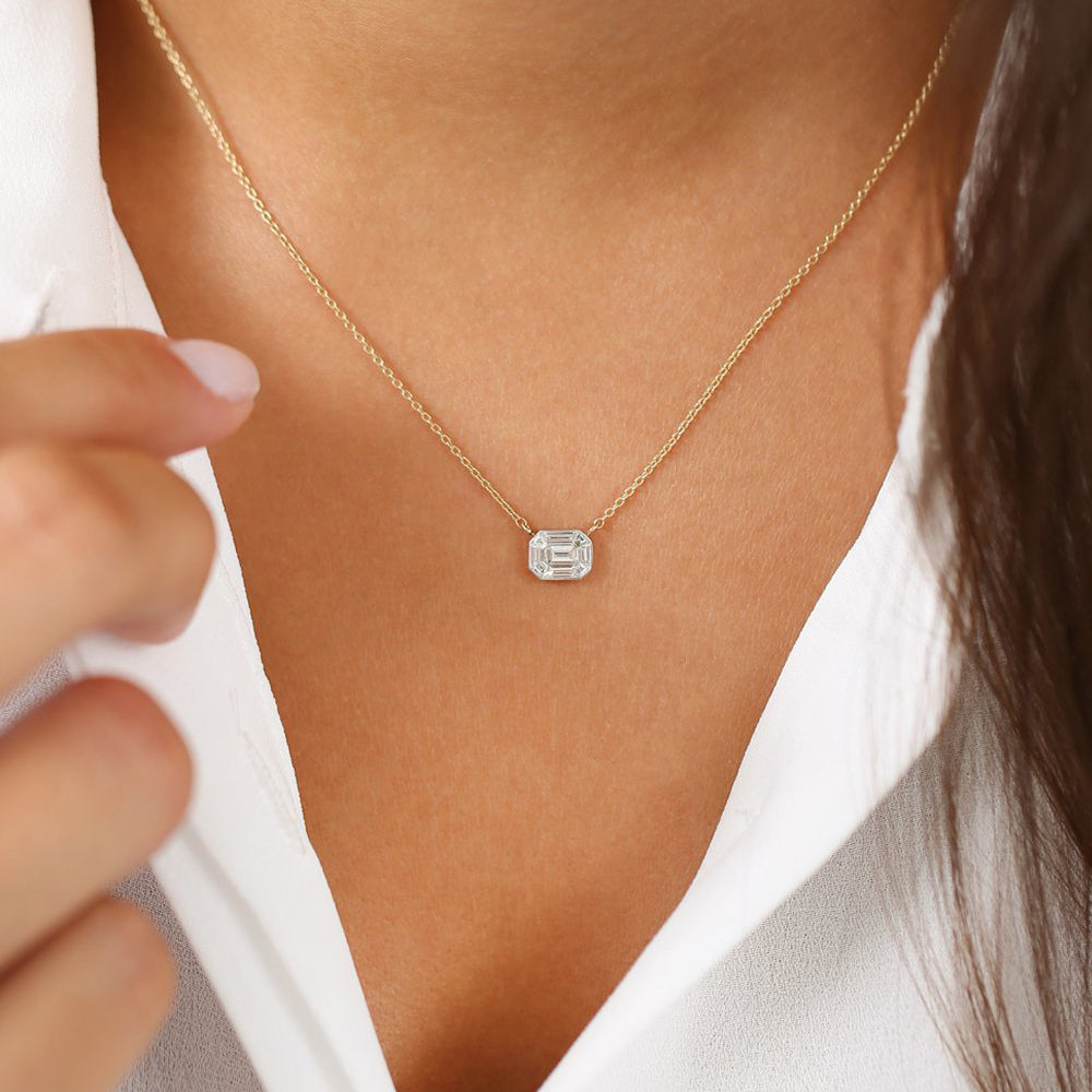 OBFJ1973 - Illusion Setting Step Cut Mosaic Diamond Necklace necklace in selectable metal and diamond options - Roselle Jewelry view 5