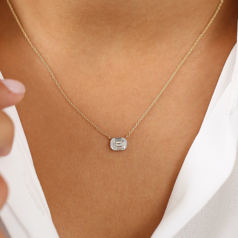 OBFJ1973 - Illusion Setting Step Cut Mosaic Diamond Necklace necklace in selectable metal and diamond options - Roselle Jewelry view 6