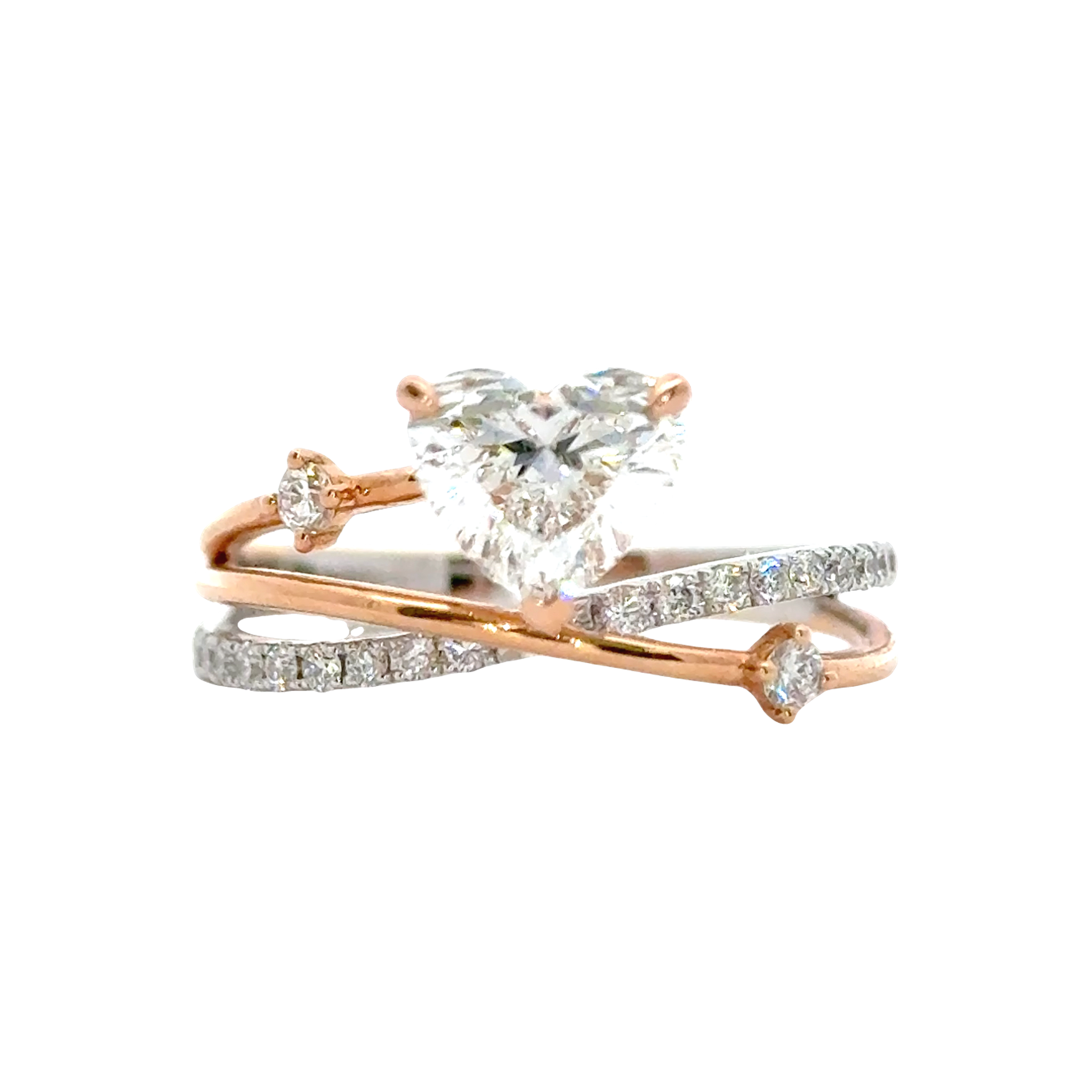 Front view of a heart-shaped centre stone ring with rose-tone accents and a curved pavé band