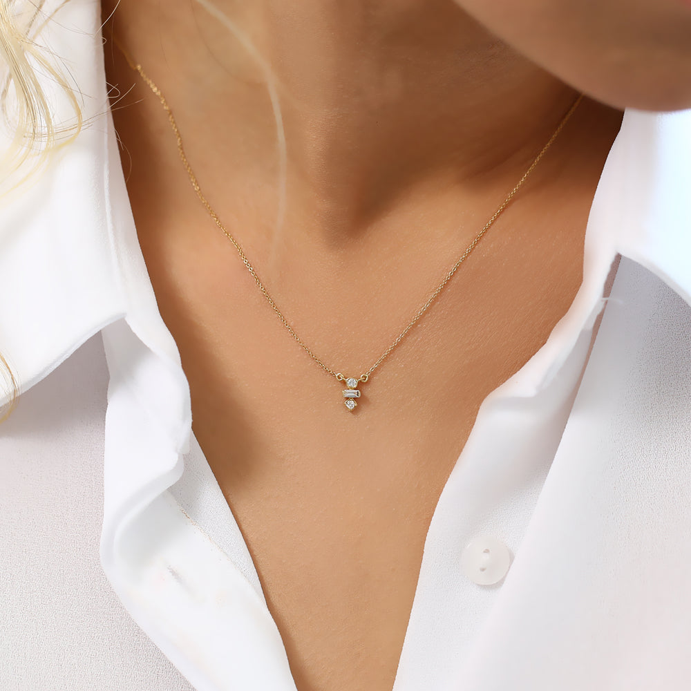 OBFJ1572 - 14K Gold Baguette and Round Cut Diamond Necklace 5