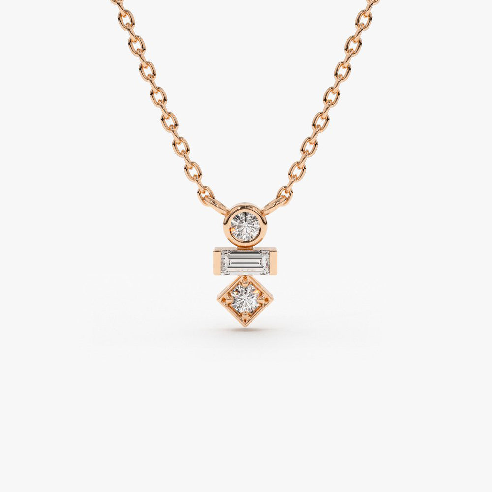 OBFJ1572 - 14K Gold Baguette and Round Cut Diamond Necklace 6
