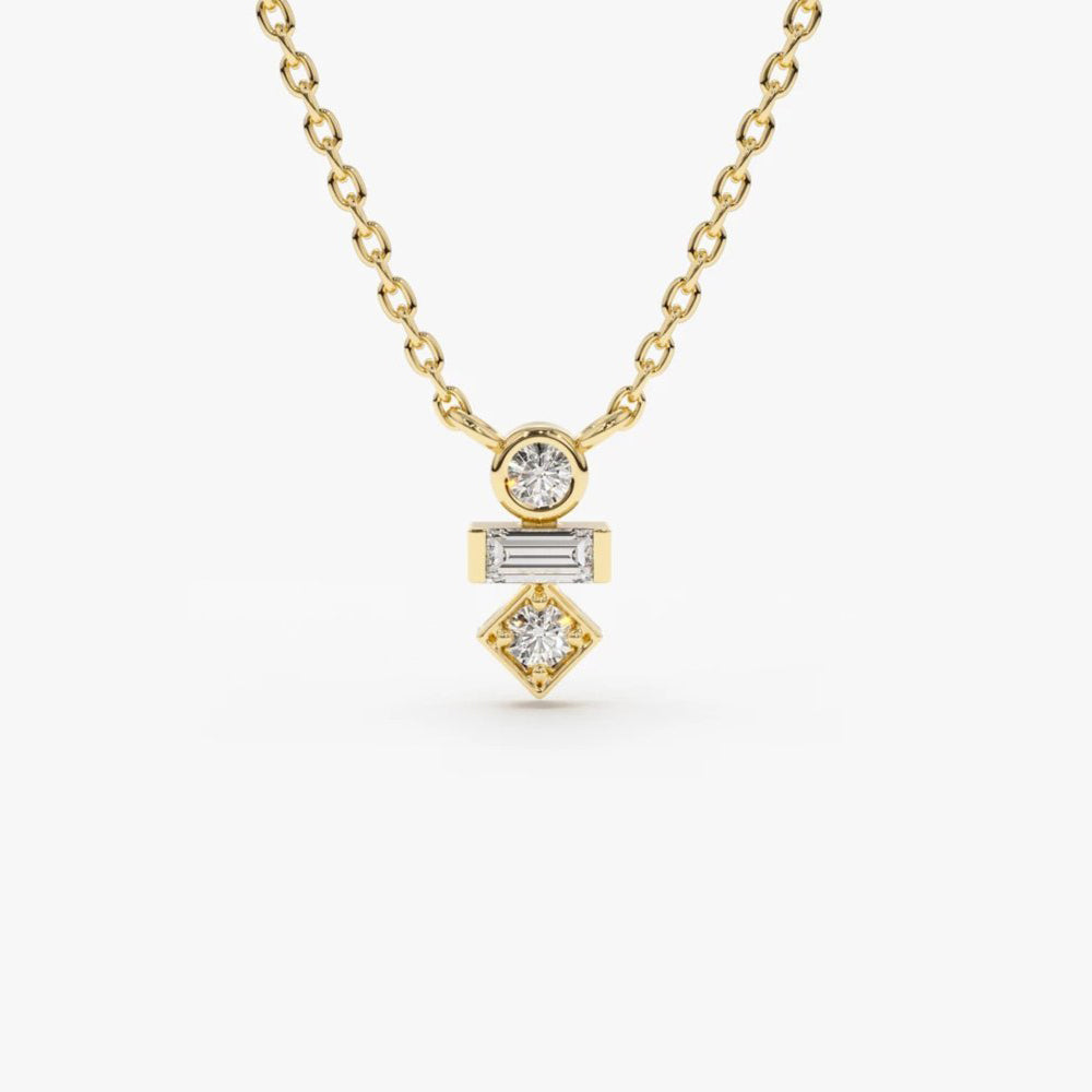 OBFJ1572 - 14K Gold Baguette and Round Cut Diamond Necklace 1