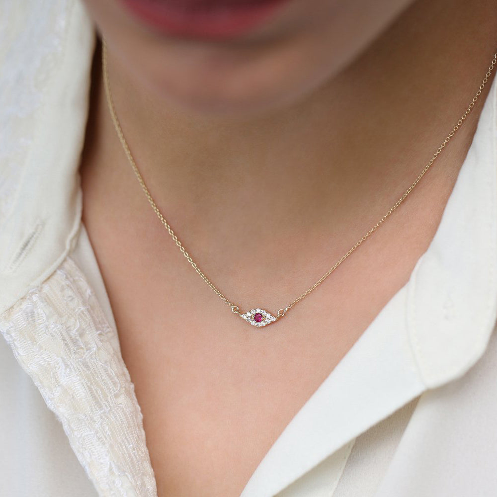 OBFJ1857 - Diamond and Ruby Evil Eye Necklace necklace in selectable metal and diamond options - Roselle Jewelry view 4