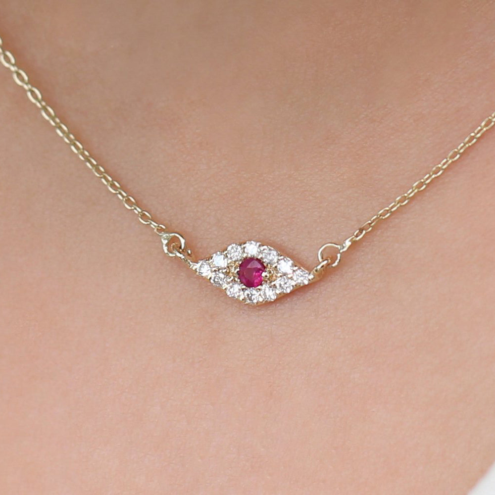 OBFJ1857 - Diamond and Ruby Evil Eye Necklace necklace in selectable metal and diamond options - Roselle Jewelry view 2