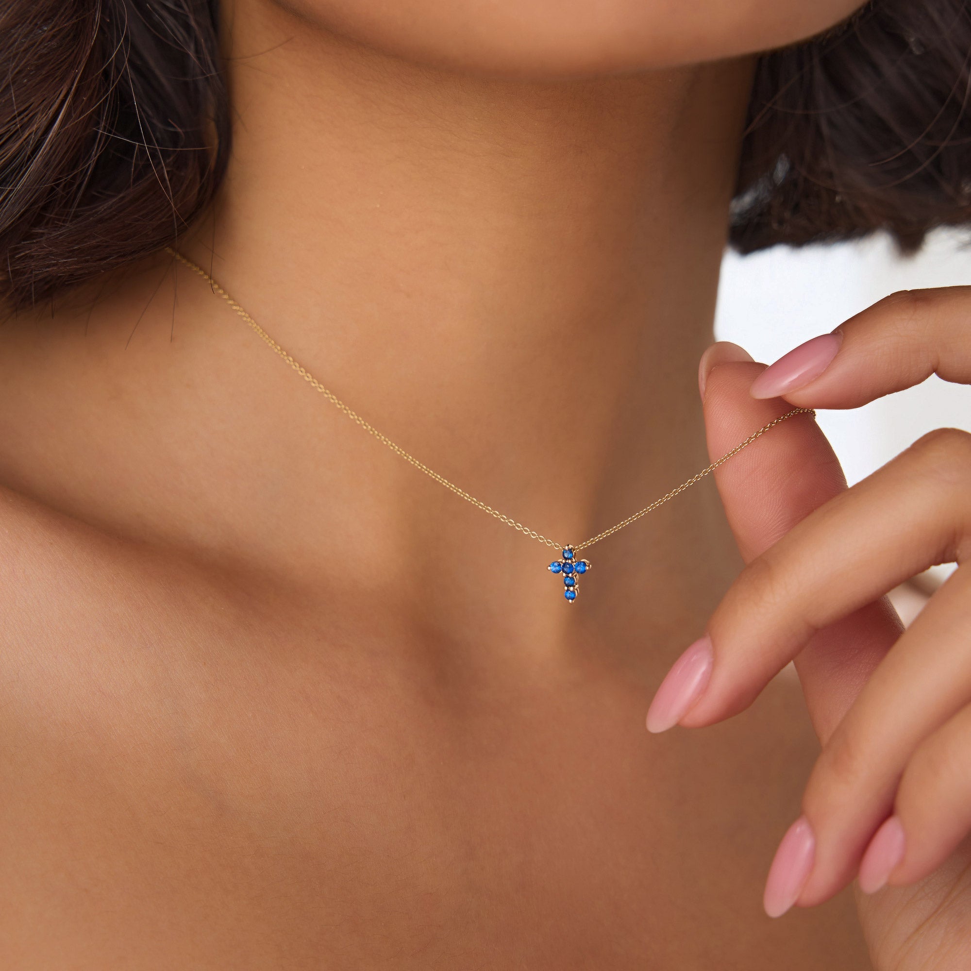 OBFJ0982 - 14K Tiny Sapphire Cross Necklace 2