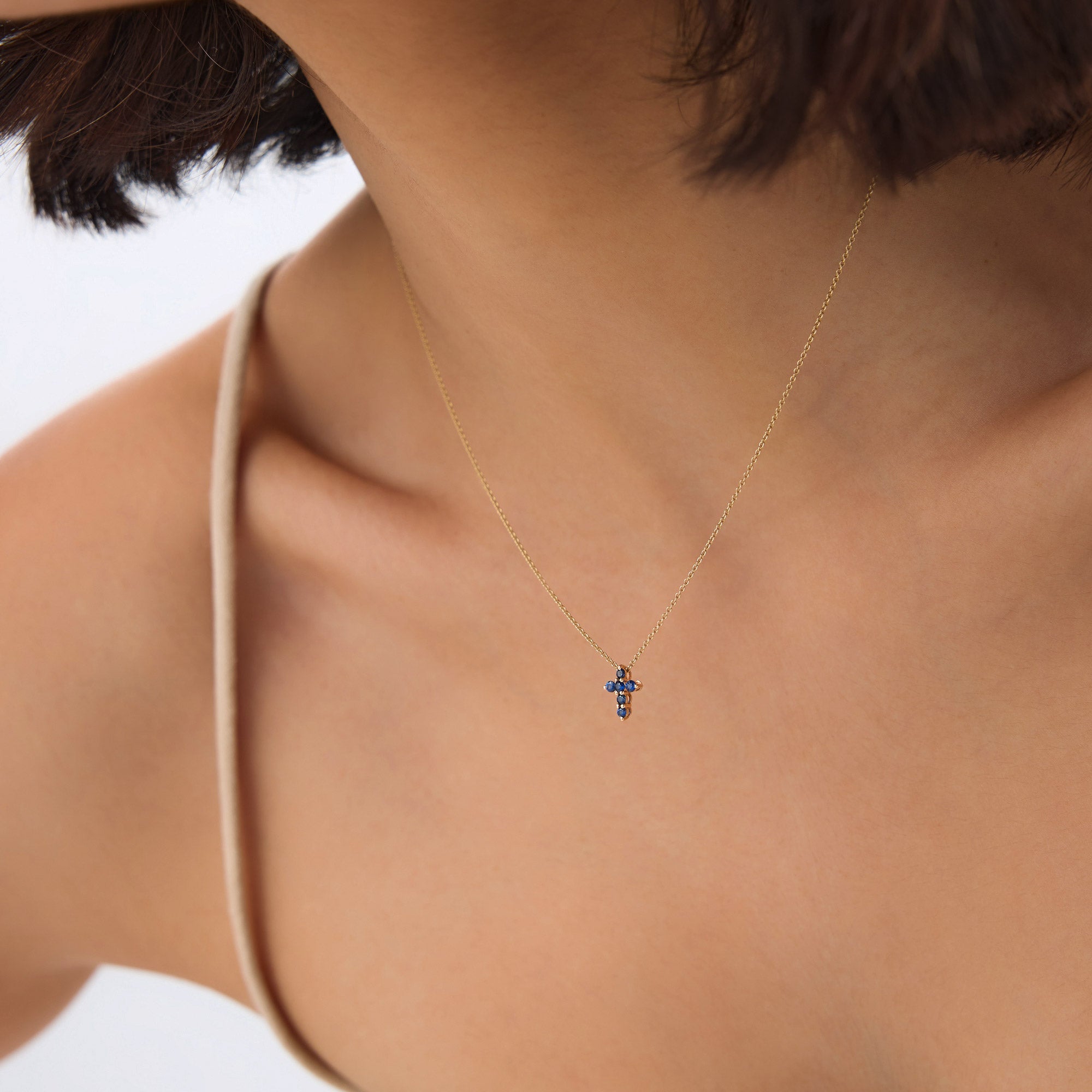 OBFJ0982 - 14K Tiny Sapphire Cross Necklace 6