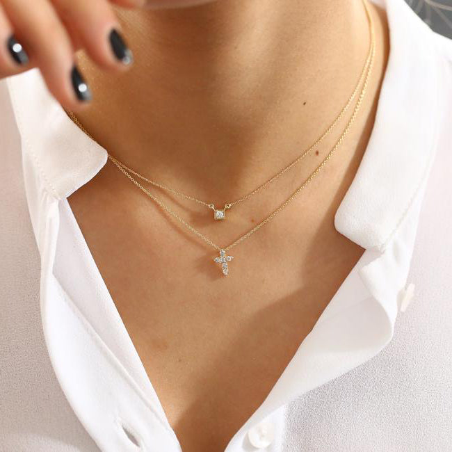 OBFJ1563 - 14K Gold Tiny Diamond Cross Necklace 3