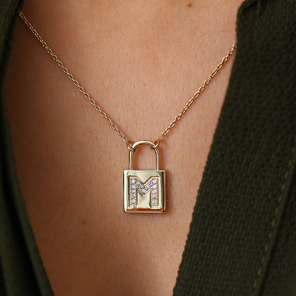 OBFJ1650 - 14K Gold Padlock Initial Necklace 2