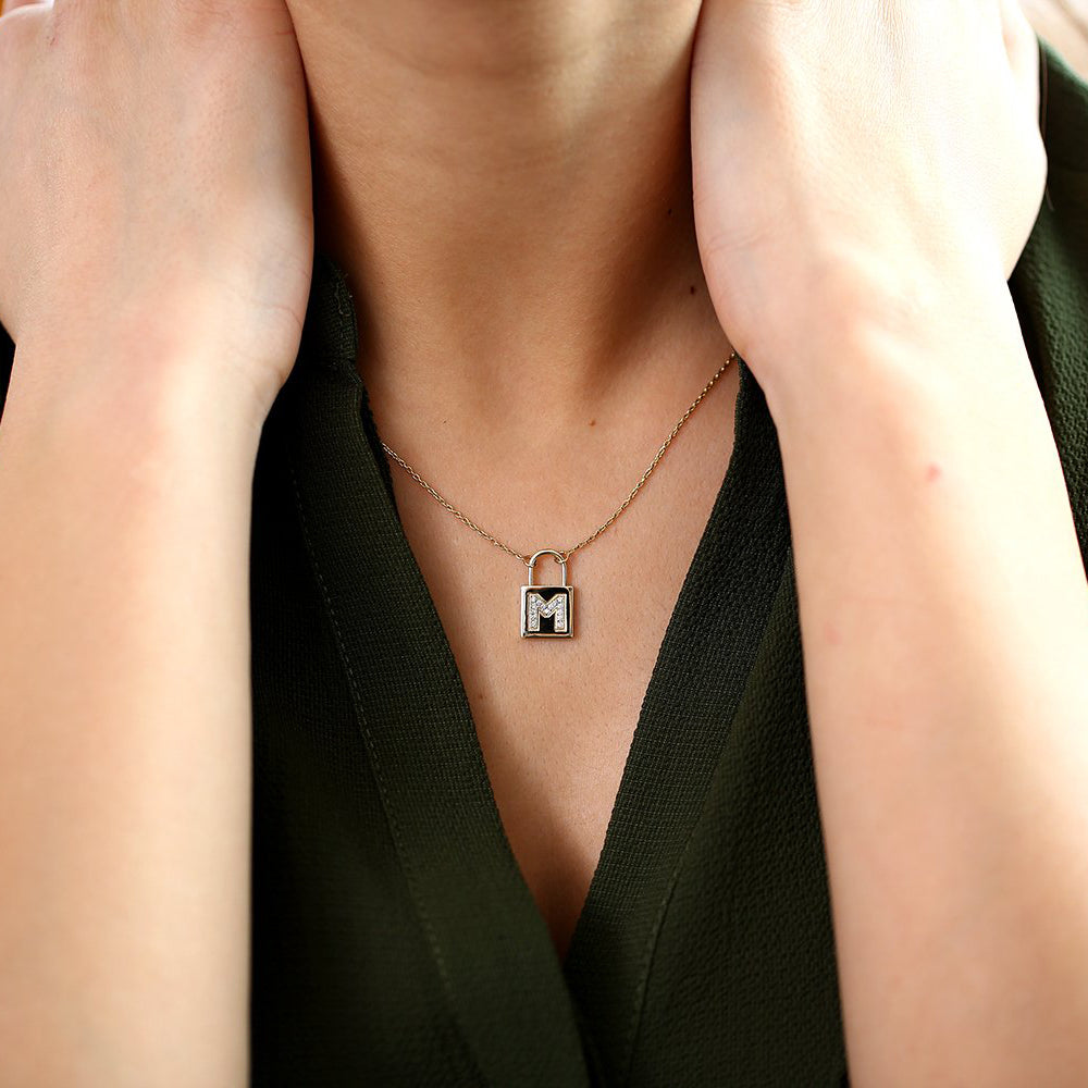 OBFJ1650 - 14K Gold Padlock Initial Necklace 3