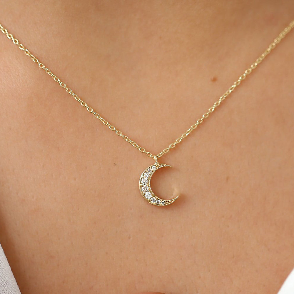 OBFJ1649 - 14k Gold Mini Crescent Moon Diamond Necklace 2