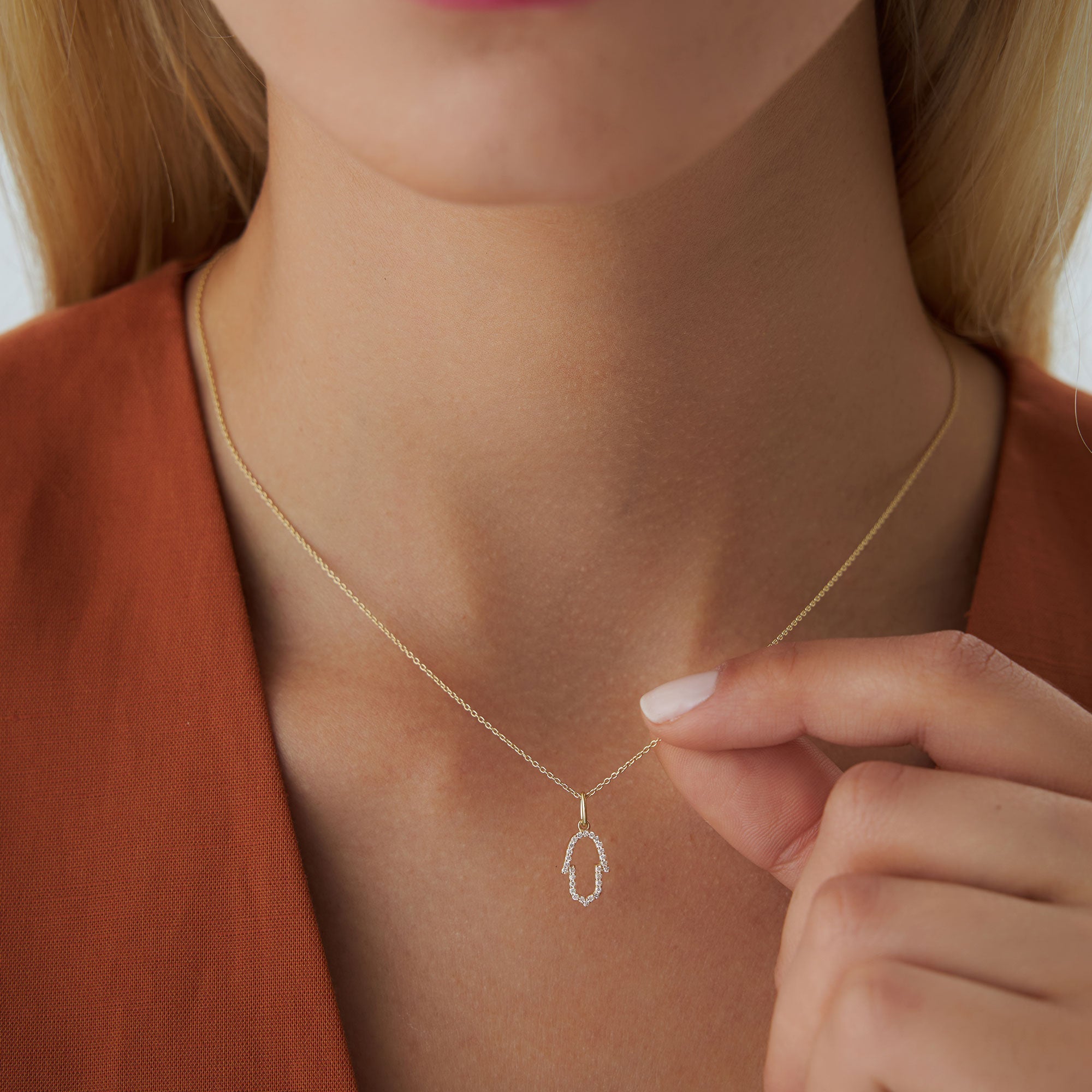OBFJ0220 - 14k Rose Diamond Hamsa Necklace 2