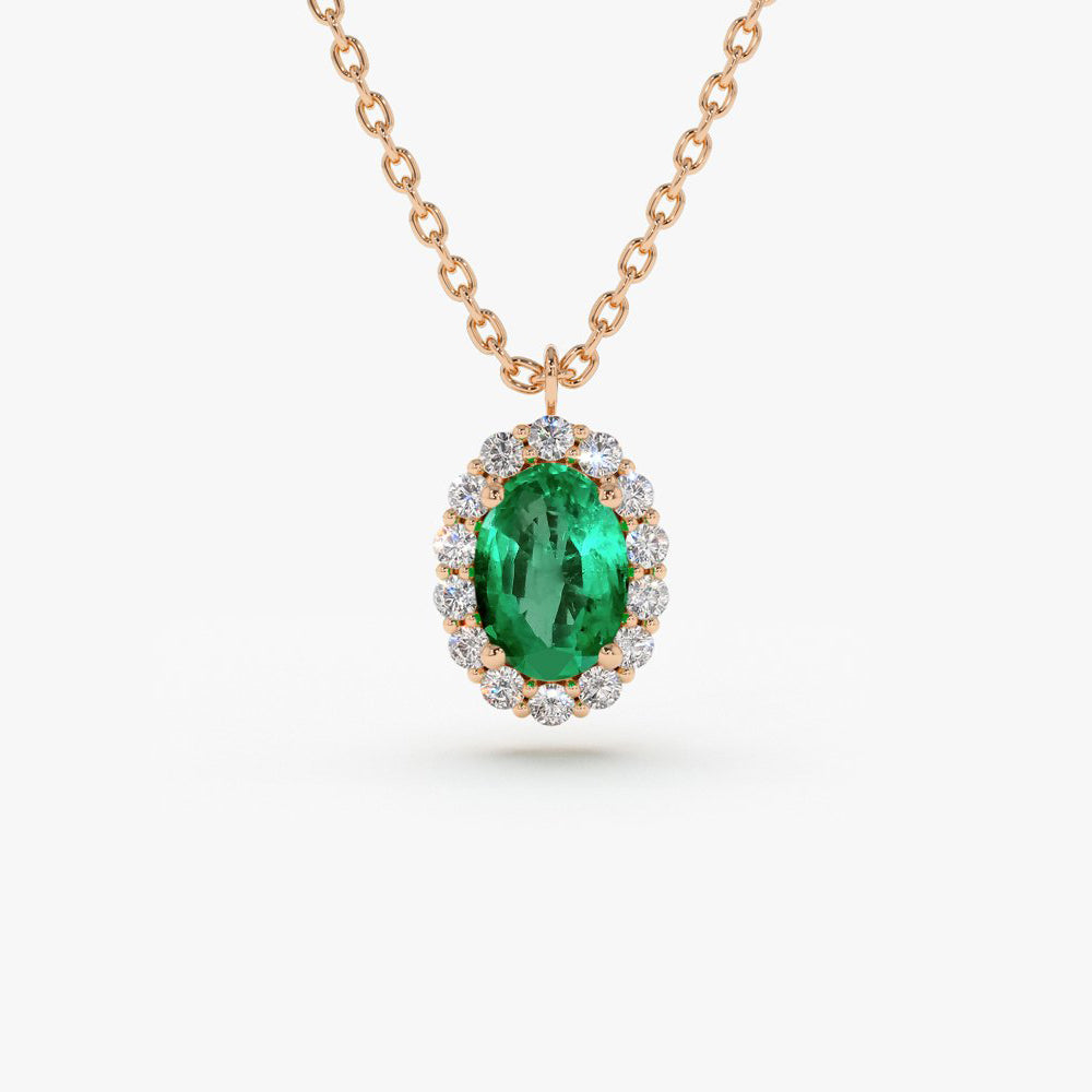 OBFJ1691 - 14K Gold Oval Cut Emerald Halo Diamond Necklace 5