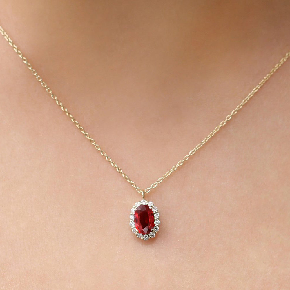 OBFJ0229 - 14K Rose Gold Oval Cut Ruby Halo Diamond Necklace 2