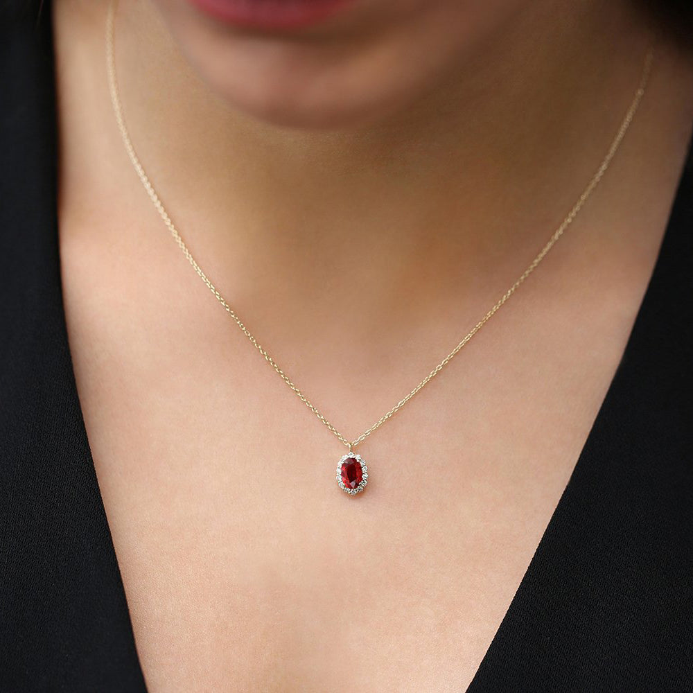 OBFJ1692 - 14K Gold Oval Cut Ruby Halo Diamond Necklace 3