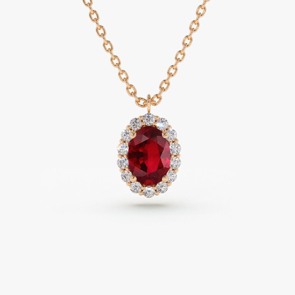 OBFJ1692 - 14K Gold Oval Cut Ruby Halo Diamond Necklace 4