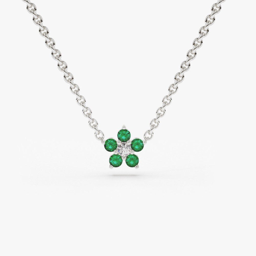 OBFJ1842 - Emerald and Diamond Flower Charm Necklace necklace in selectable metal and diamond options - Roselle Jewelry view 5