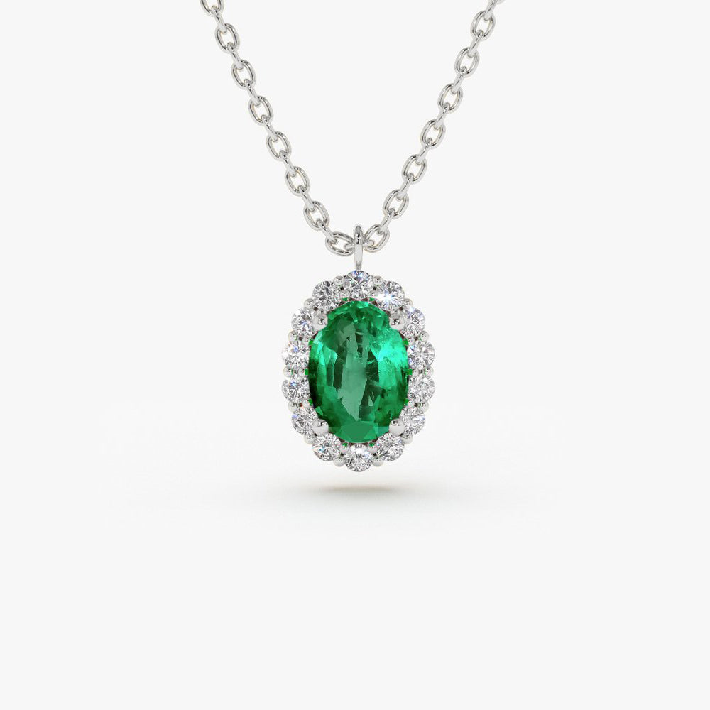 OBFJ1691 - 14K Gold Oval Cut Emerald Halo Diamond Necklace 6