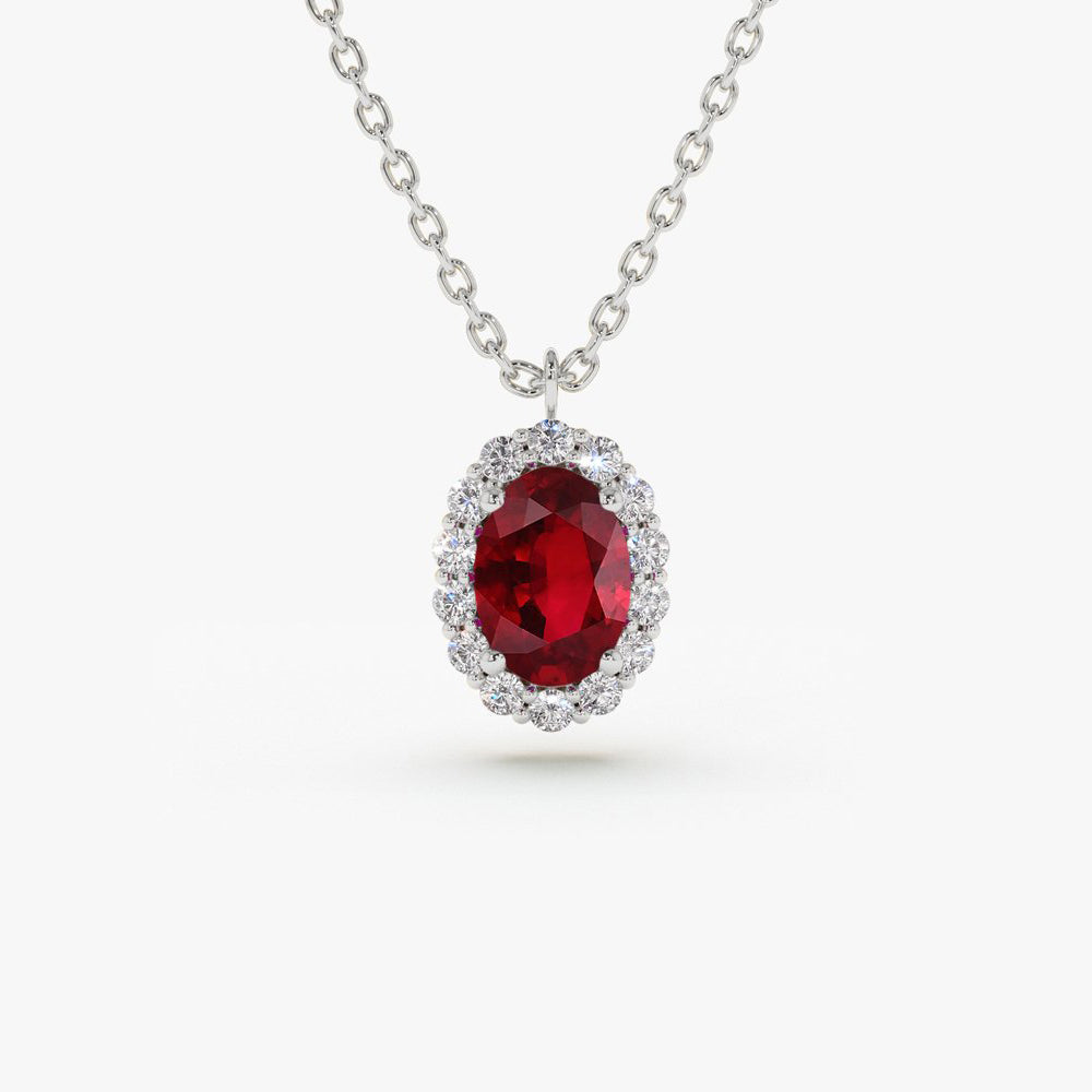 OBFJ1692 - 14K Gold Oval Cut Ruby Halo Diamond Necklace 6